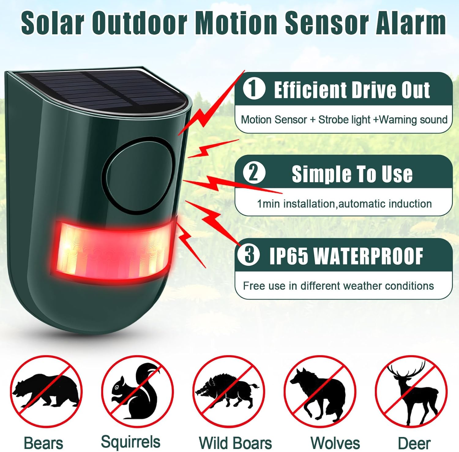 Qualirey 4 Pack Solar Sound and Light Alarm Motion Sensor 129db Outdoor Security Siren Waterproof Motion Activated Detector Alarm 6 LEDs Flash Warning Strobe System for Home, Farm (Green)