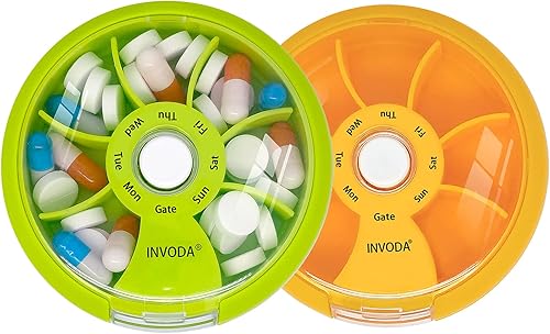 INVODA Pastillero semanal con 7 compartimentos giratorios, pastillero para medicamentos diarios y vitaminas, pastillero portátil de viaje, aceite de