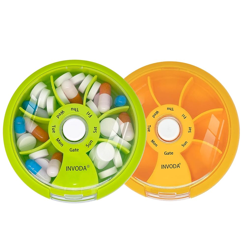 INVODA Weekly Pill Organizer 7 Compartment Rotating Pill Box for Daily Medication & Vitamins - Portable Travel Pill Case Fish Oil Supplements Vitamins Organizer (Green+Orange)