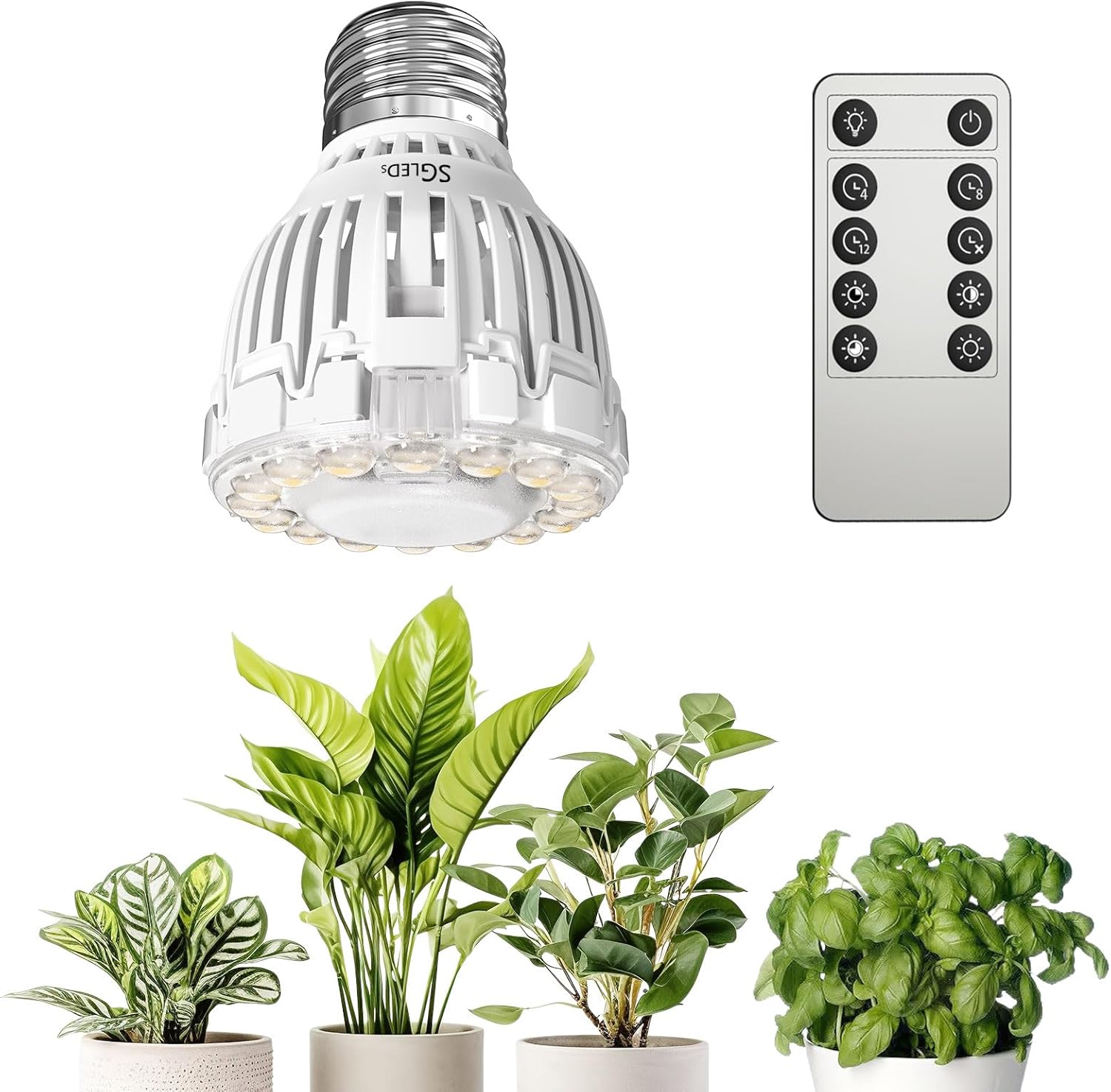 Dimmable Grow Light Bulb, Full Spectrum with Remote Control, Auto On Off Timing 4 8 12 Hrs, 32W PAR20 (350 Watt Equiv) Grow Lamp with Optical Lens for High PPFD, Energy Saving for Indoor Plants