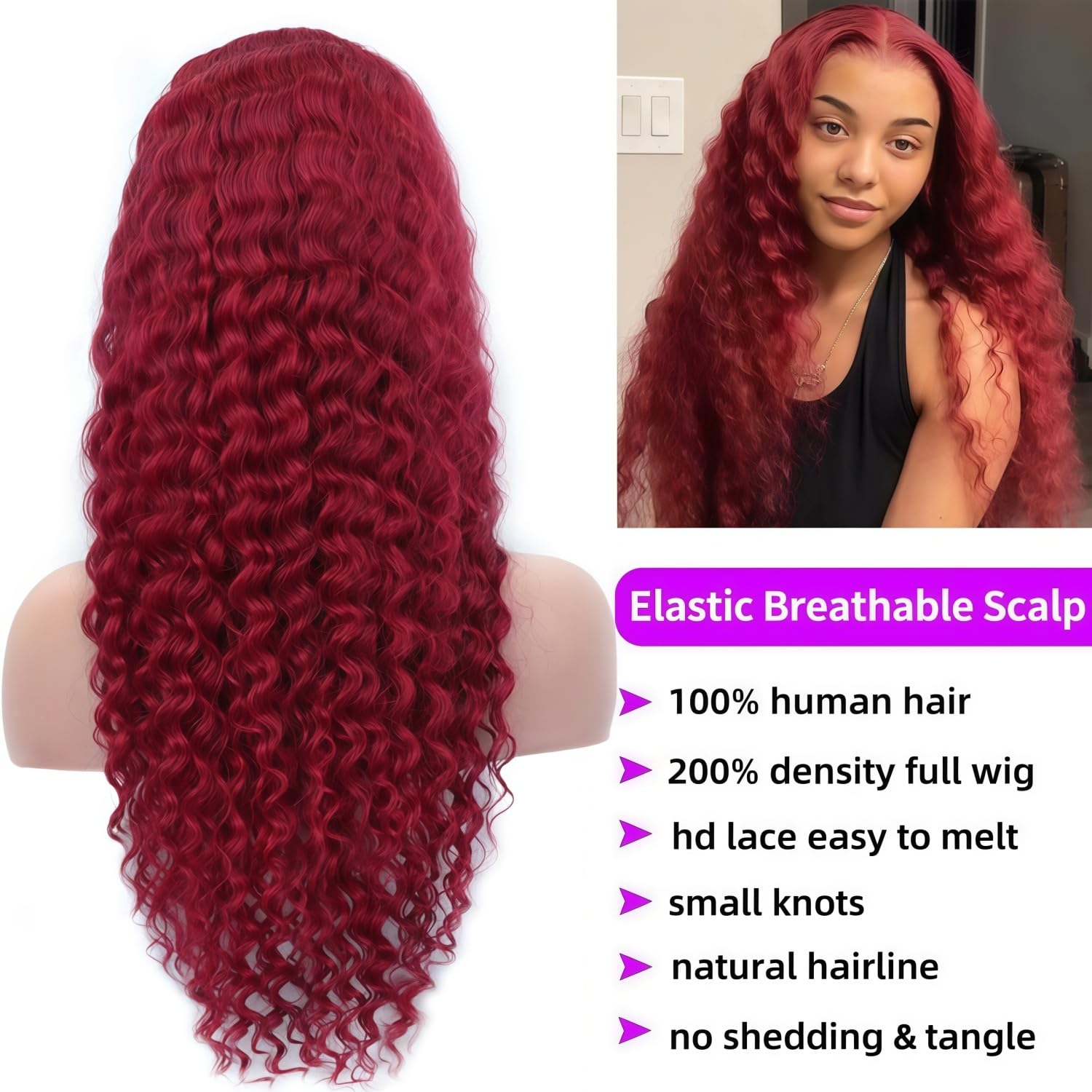 99j Burgundy Deep Wave Lace Front Wigs Human Hair 13x6 HD Lace Front Wigs Human Hair Pre Plucked With Baby Hair 200 Density Glueless Wet and Wavy Red Curly Human Hair Wig for Women 22inch