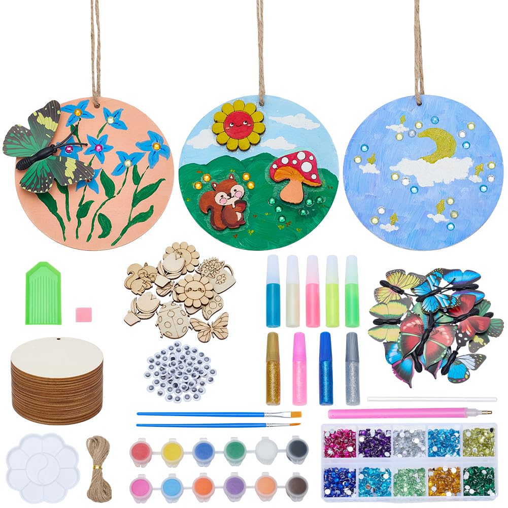 WEBEEDY 20 Sets Butterfly Flower Wooden Painting Crafts for Adults Beginners, Glow in The Dark Wooden Painting Kit DIY Wood Art and Craft Kit with 8cm/3.15'' Wood Slices Wall Hanging Decoration