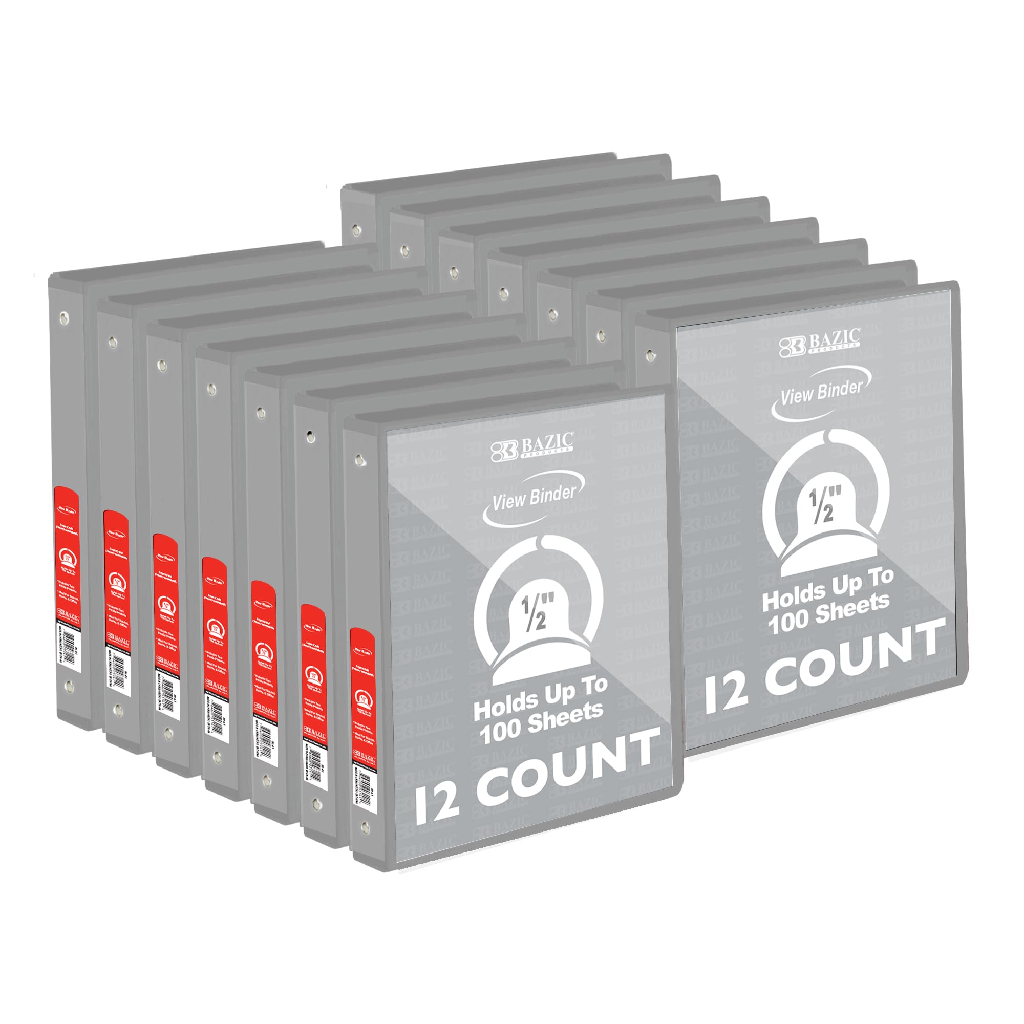 BAZIC Products 1/2 in Grey 3-Ring View Binder, Round Ring, 12-Case