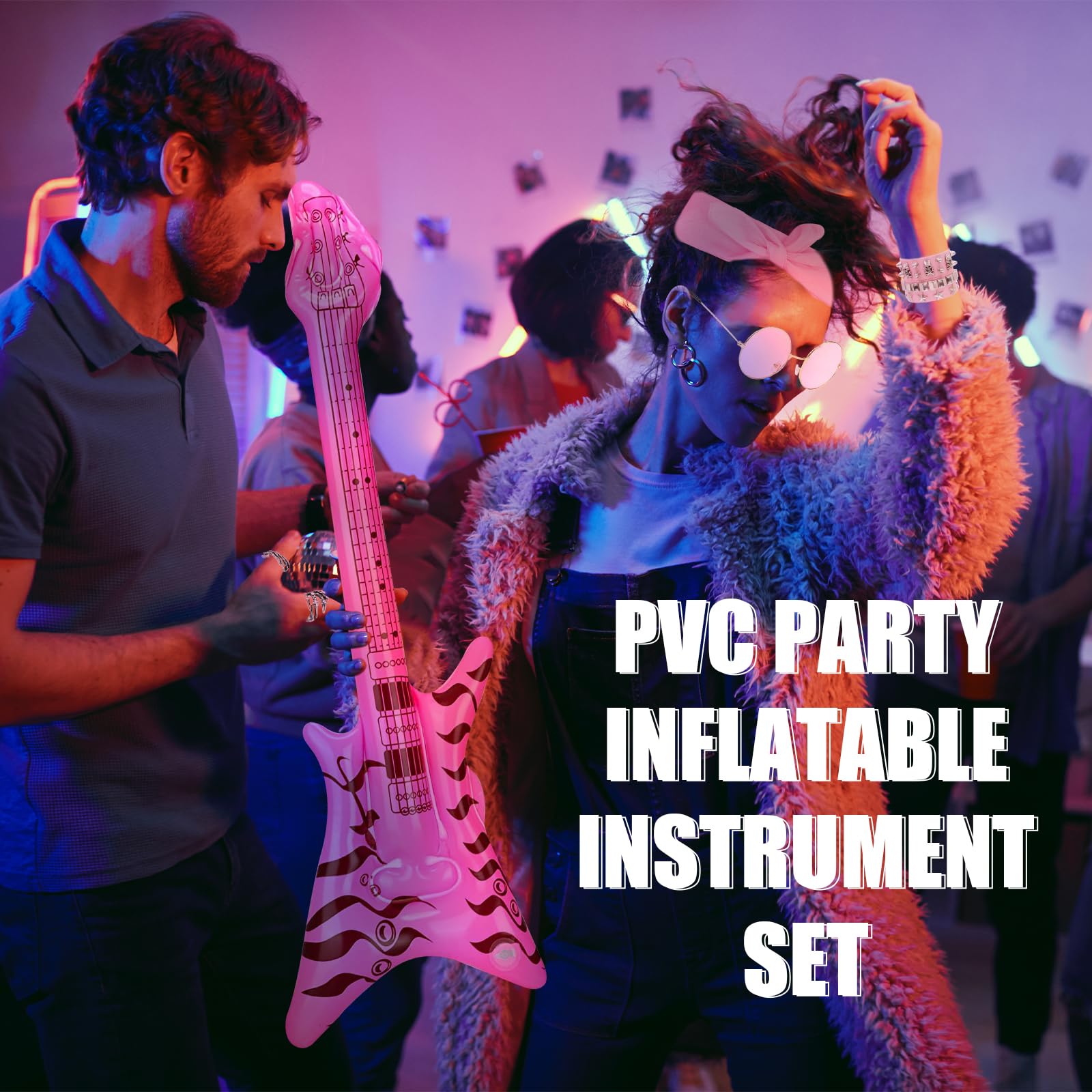 Kids Rockstar Fancy Dress Costume Set, Pink Rock Star Cosplay Outfit with Inflatable Guitar, Sunglasses, Bandana - Image 3