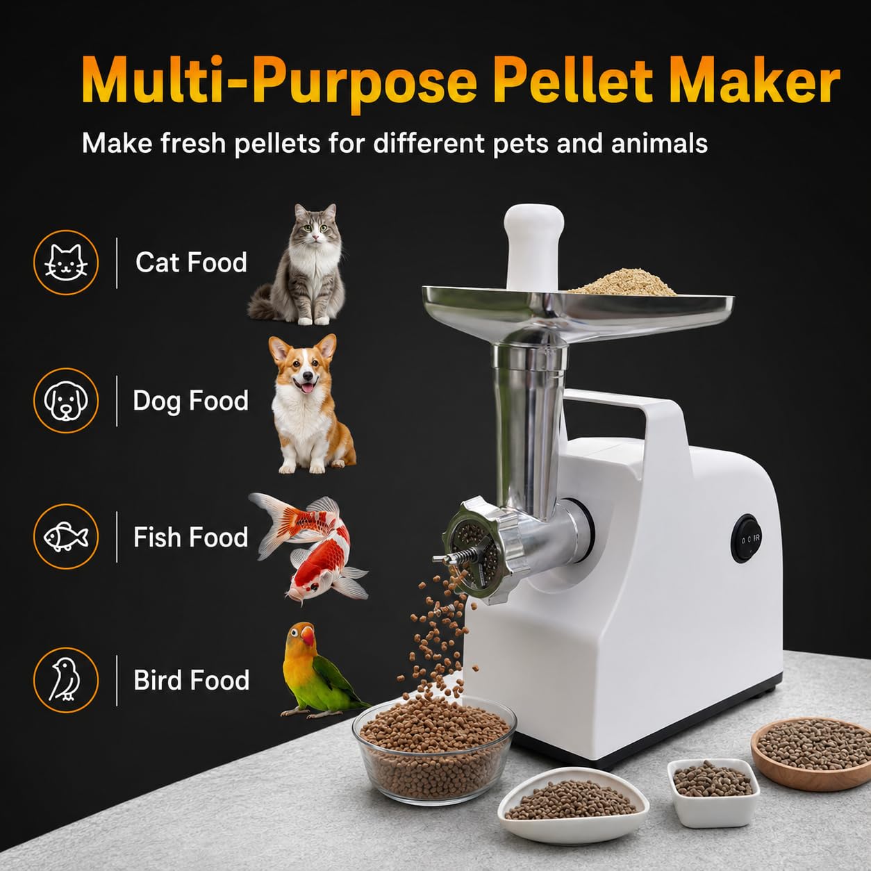 Macchina elettrica a pellet da 500 W con 3 piastre di matrice, include piastre da 2,5 mm, 5,0 mm, 7,5 mm per fare pellet per pesci, uccelli, gatti, cani, conigli, polli, pecore