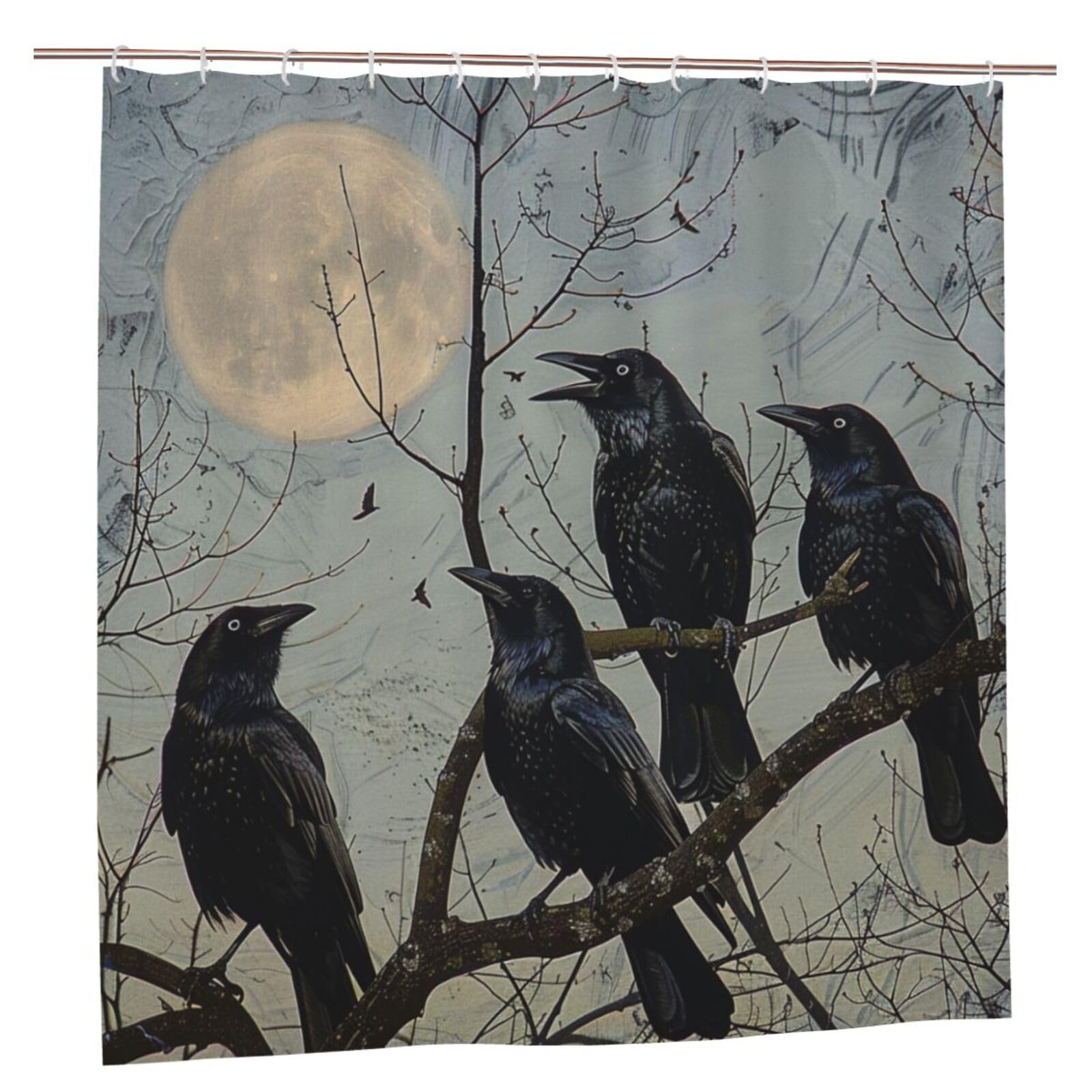 BWWHCCTI Black Crow Birds Printed Shower Curtain With 12 Plastic Hooks Opaque Quick Drying Waterproof Shower Curtains Sets For Bathroom 183x183 CM