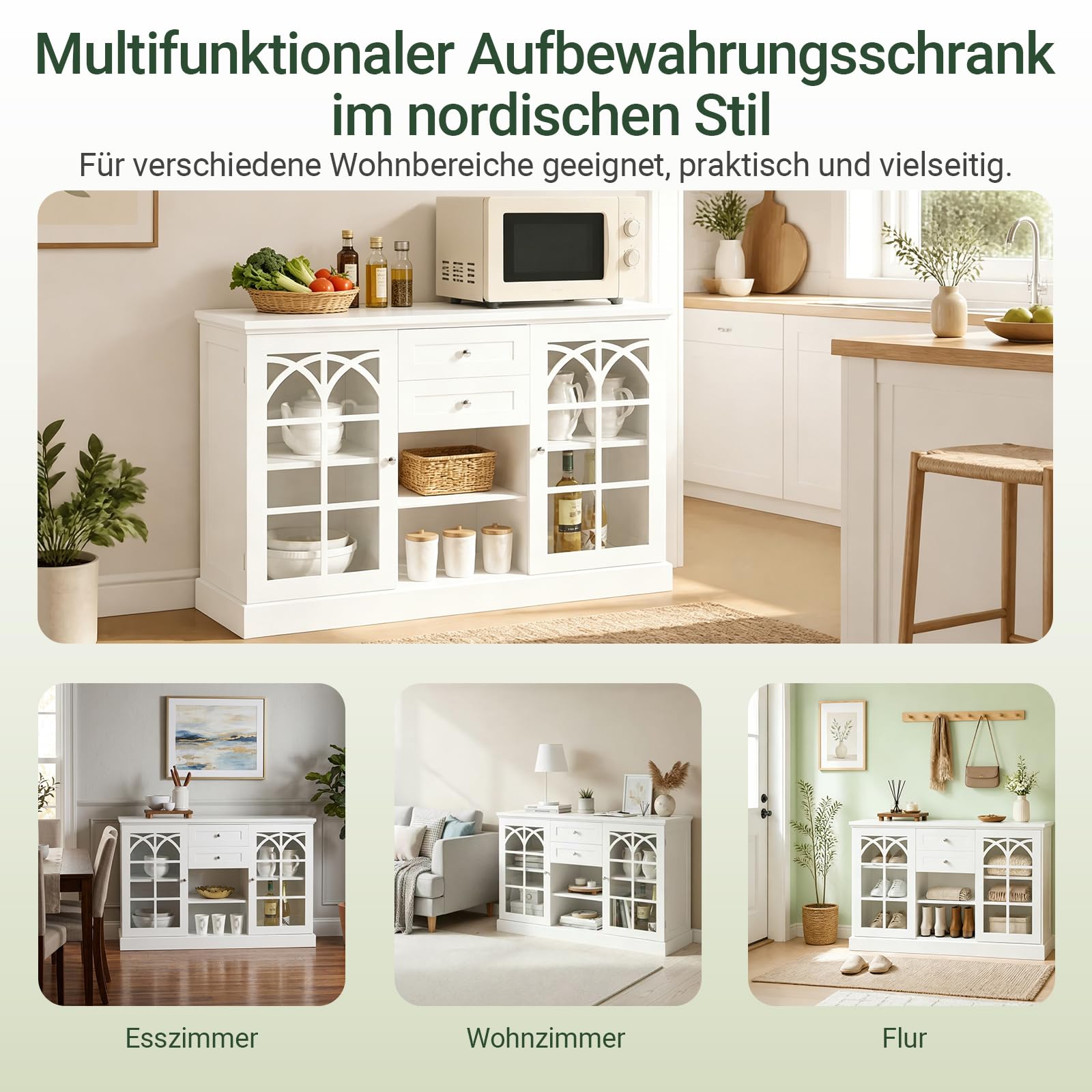 SoBuy Sideboard Küche mit Glastüren, Schubladen & offenem Fach, 120×78×39cm | Buffetschrank, große Arbeitsplatte, 80 kg Tragkraft, staubgeschützt, MDF, für Esszimmer & Wohnzimmer & Kaffeeecke, FSB79-W
