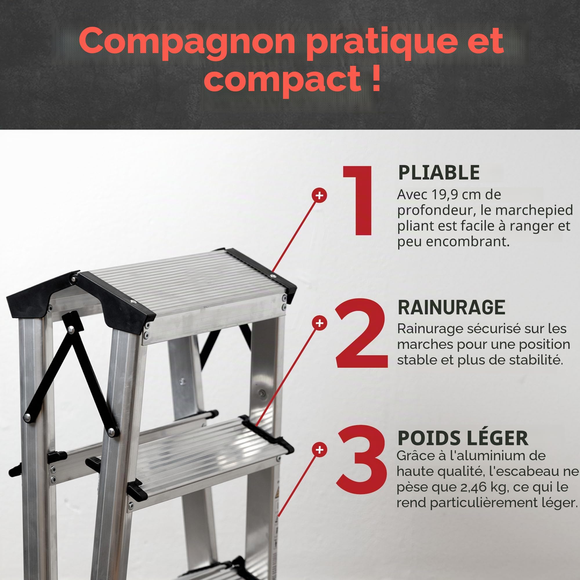 Siwitec Escabeau Pliable en Aluminium - 2 x 3 Marches, Accessible des Deux Côtés, Échelle Domestique Jusqu'à 150 kg, Certifié TÜV