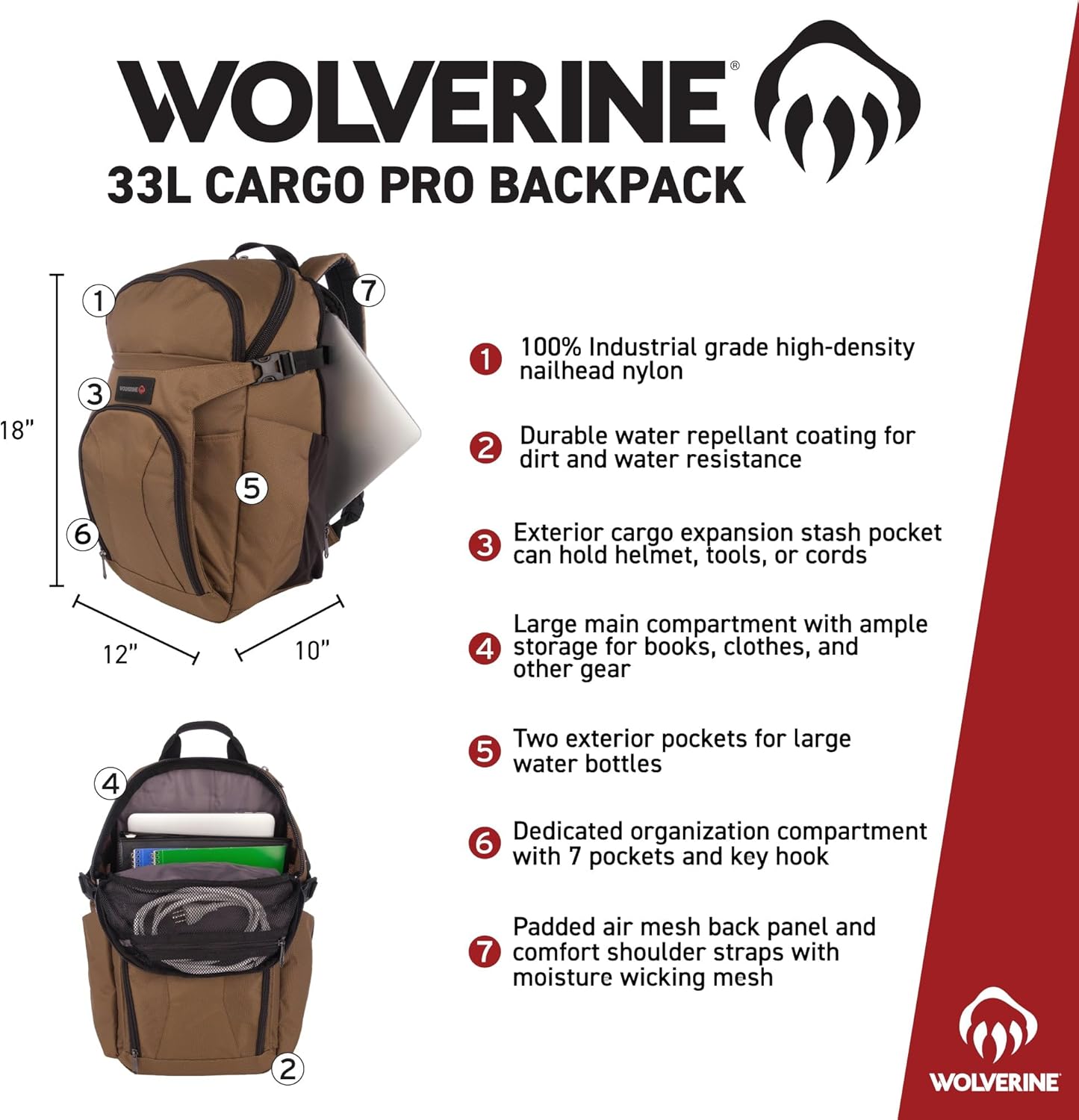 WOLVERINE 33L Backpack with Large Main, Laptop Compartment and Cooling Straps, Chestnut, One Size