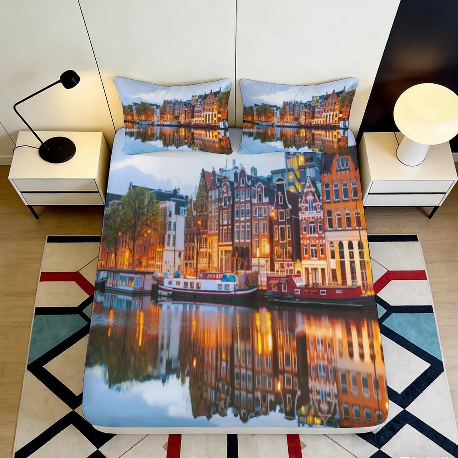 3D Printed Amsterdam Canal View Fitted Sheet Microfiber Soft Decorative Cityscape Bed Cover for Bedroom Guest Room 90x200x25cm