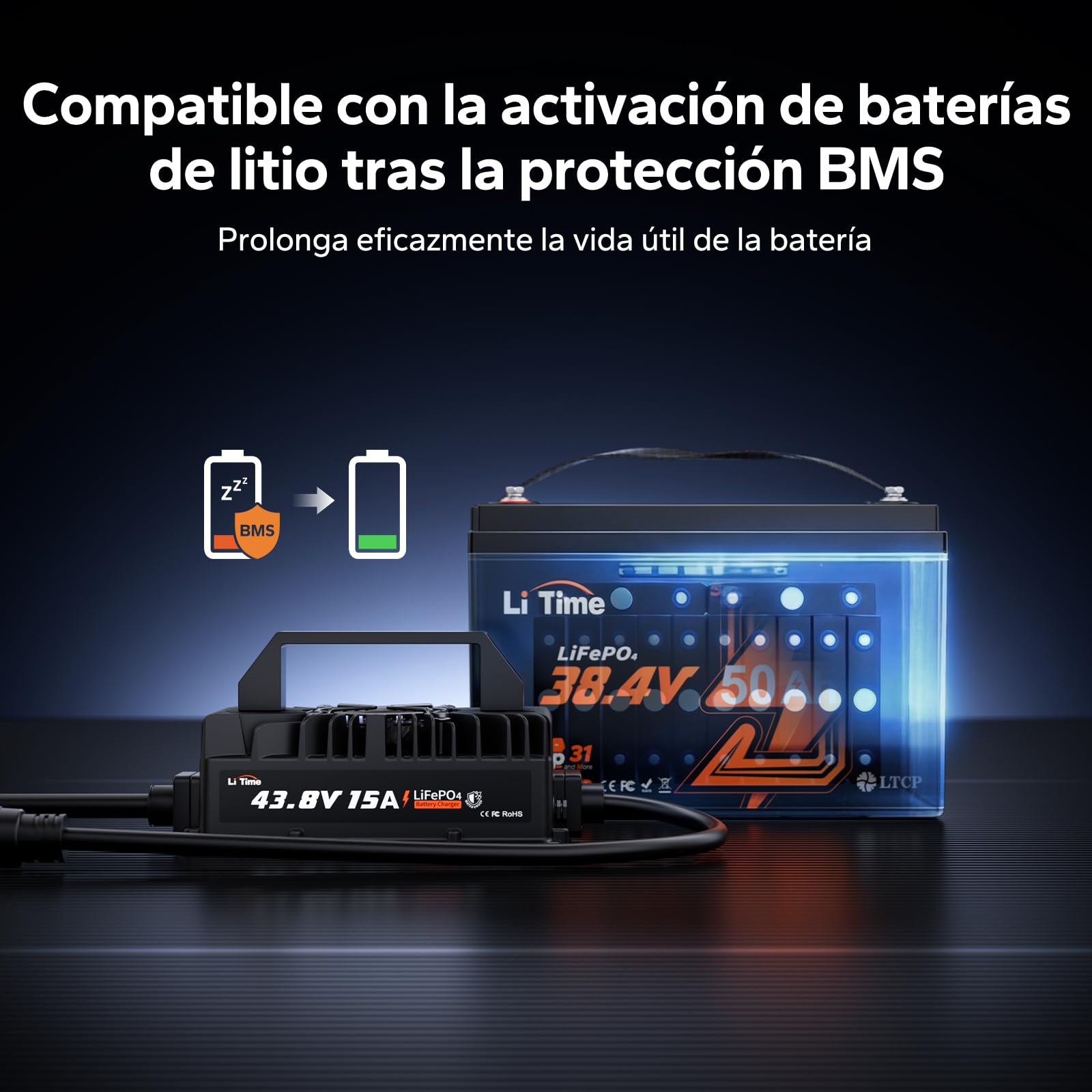 LiTime Cargador de Batería LiFePO4 36V 15A, Cargador de Litio 43,8V IP66 Impermeable con Activación de Batería, Indicador LED, Cargador Inteligente de 3 Etapas para Golf Cart, RV, Barco