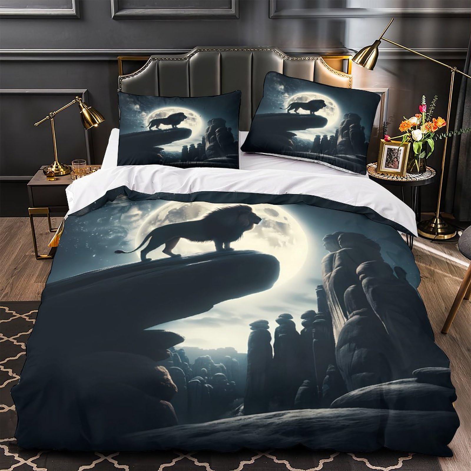 Housse de couette lion en flammes 3D 200x200 parure lit microfibre pour chambre double