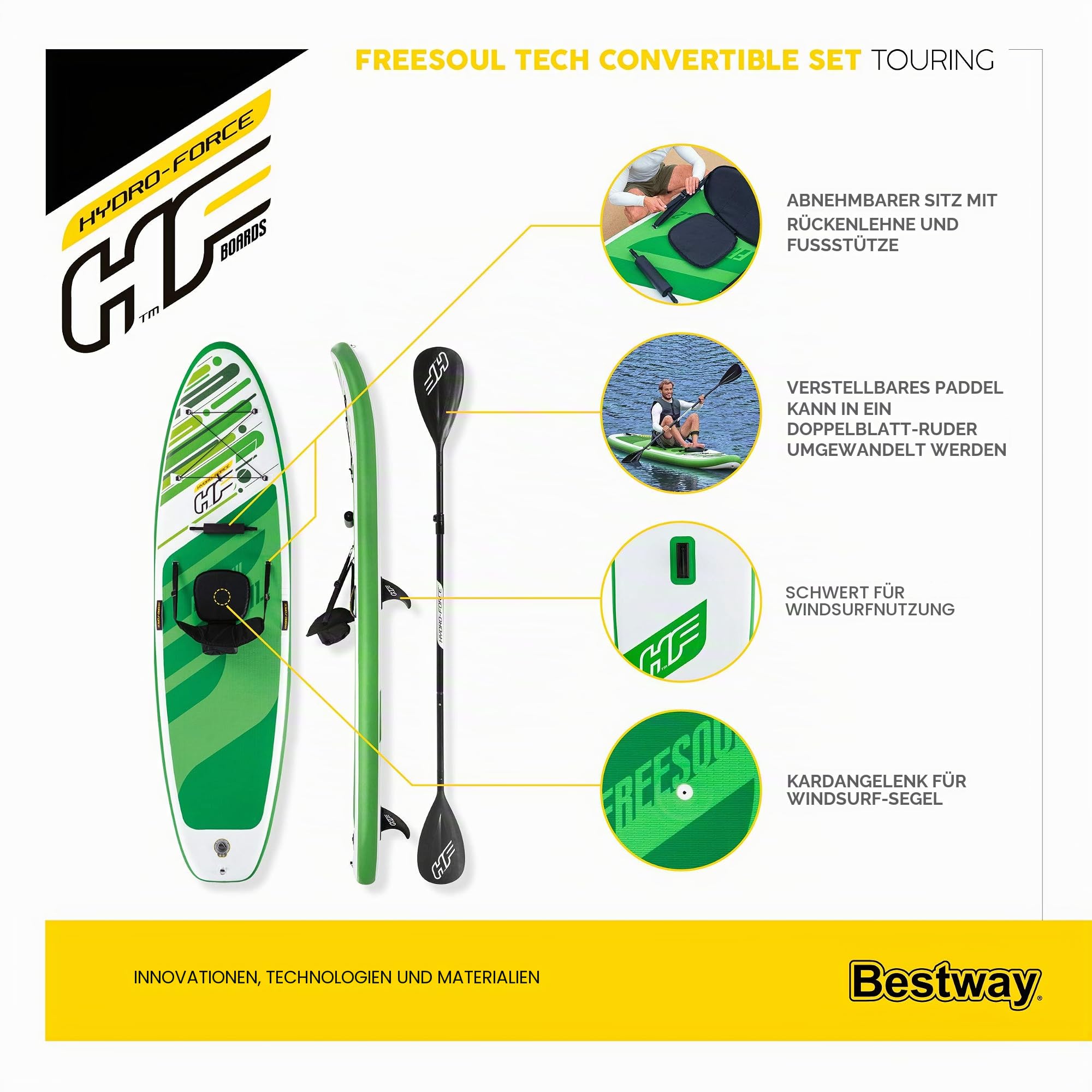 Hydro-Force SUP, aufblasbares Stand Up Paddle Board, Komplett-Set mit Kajak-Umbausatz, mehrere Stile, Größen 30 cm, 3 m
