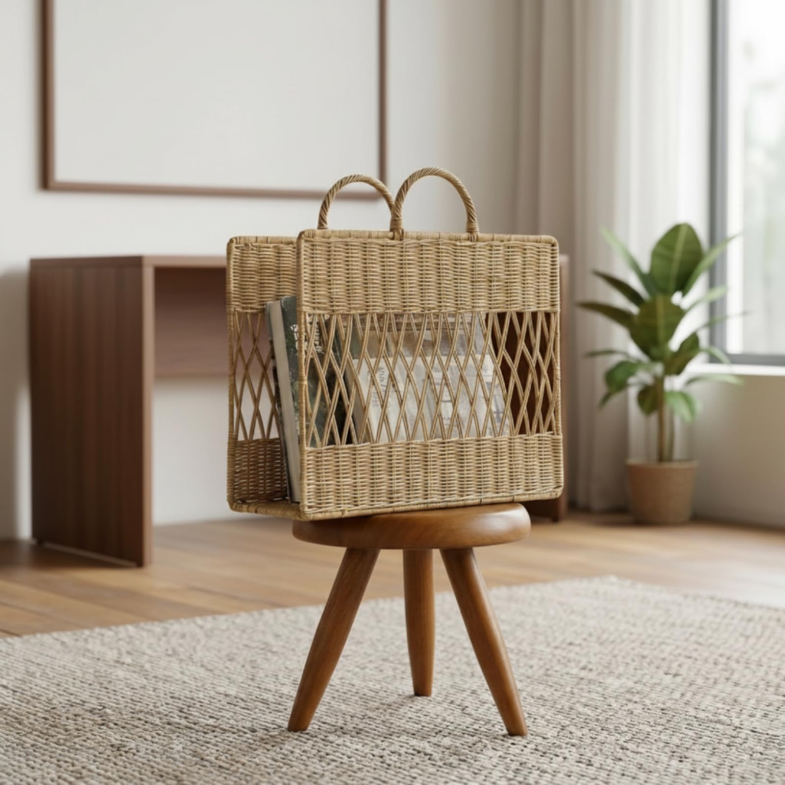 Yajuyi Panier à Magazines Tressé Panier de Rangement Corbeille Porte-revues Organisateur en Rotin PE avec Base Plate et Poignées Structure Stable et Légère Adapté au Salon Chambre Lecture