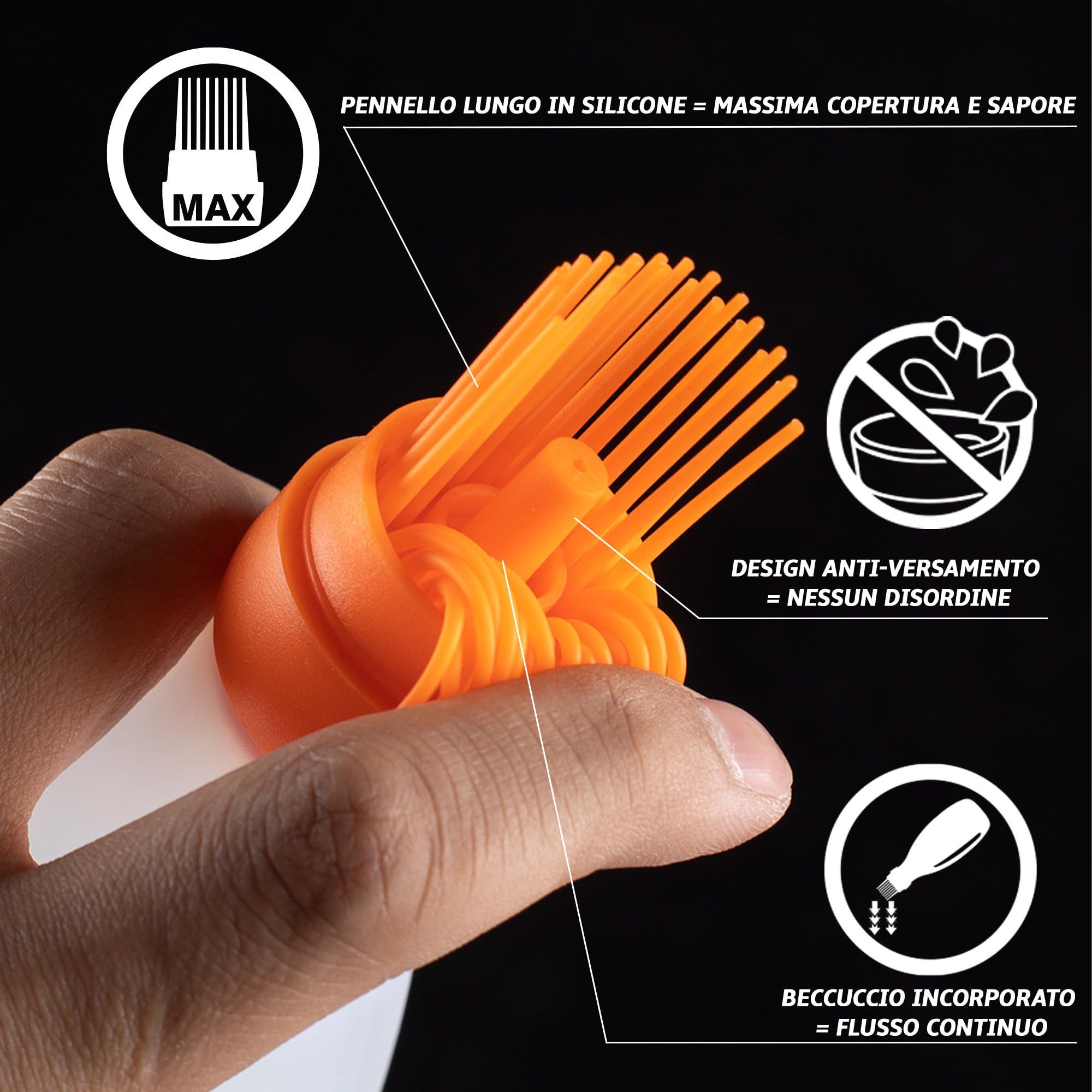 Spazzola in silicone per cucinare, Dispenser di olio con pennello, spazzola per olio tutto in uno, spazzola per barbecue, mocio per barbecue, spazzola per salsa, strumenti per grigliare (arancione)
