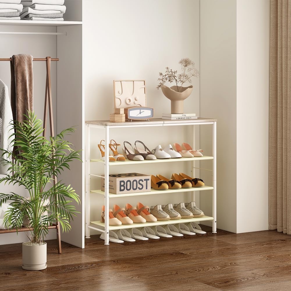 INGIORDAR Shoe Rack Organizer 5 Tier Metal Organizer Shelf with Industrial MDF Board and Layer Fabric for Entryway Closet Bedroom Living Room Garage (White, 4 Tier)