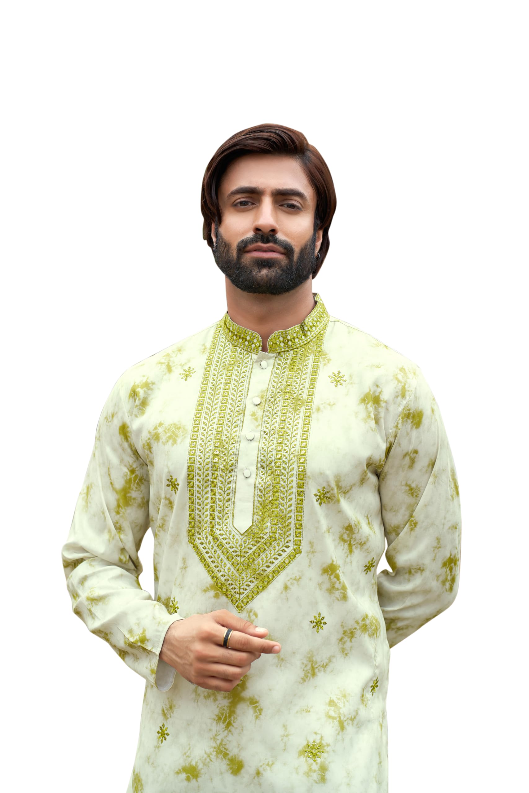 Campus Sutra Men's Kurta Set â€“ Embroidered Cotton Blend, Regular Fit Kurta Pajama â€“ Casual & Festive Ethnic Wear in neutral