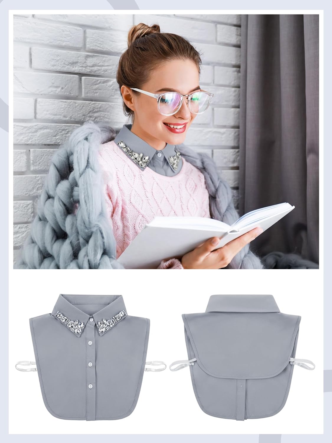 Bencailor 2 Pcs Fake Collar Detachable Rhinestone Dickey Collar Half Shirts for Women False Blouse Dickey - Image 2