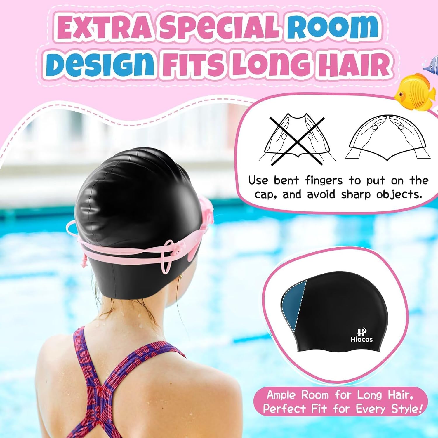2 Pack Kids Swim Cap for Girls Boys, 2 Size Silicone Swimming Cap for Toddlers Children Teens, Waterproof Swim Hatsfor Long Hair to Keep Hair Dry