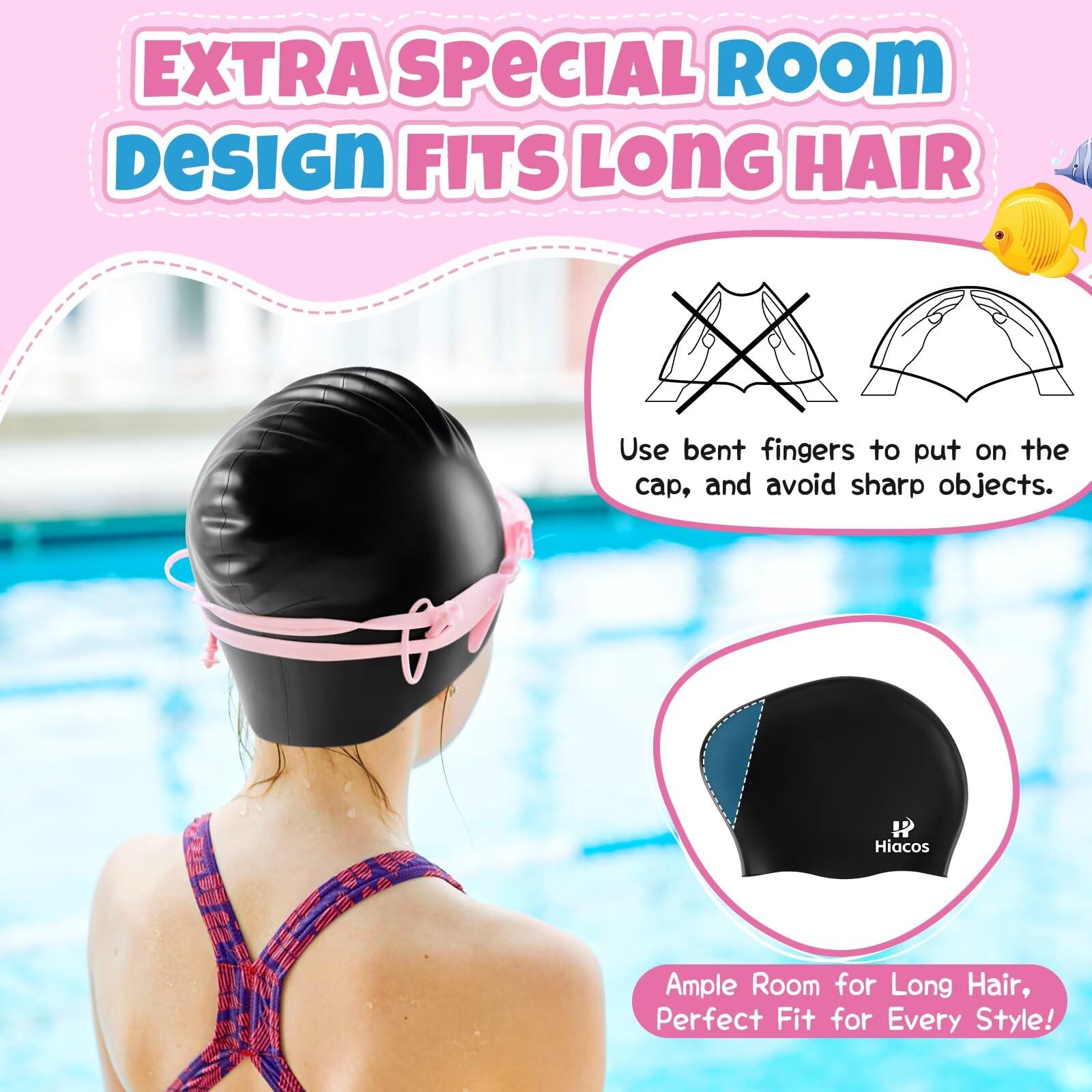 Paquete de 2 gorros de natación para niñas y niños, gorro de natación de silicona de 2 tamaños para niños y adolescentes, sombreros de natación impermeables para cabello largo para mantener el cabello