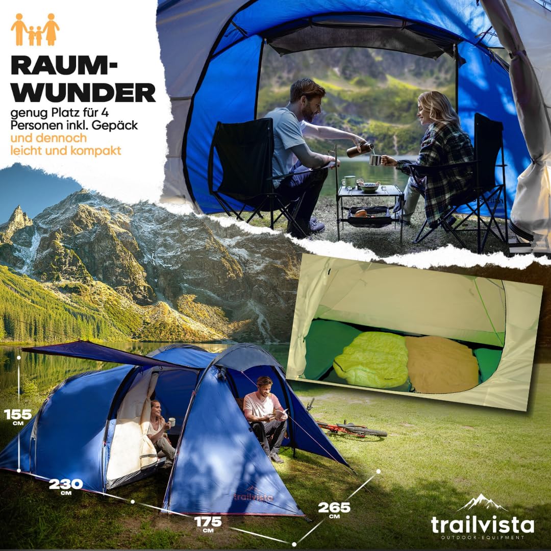 Tente familiale étanche pour 2 et 4 personnes - Tente tunnel avec auvent et protection contre les moustiques - Tente familiale légère et stable - Montage rapide - Tente de camping