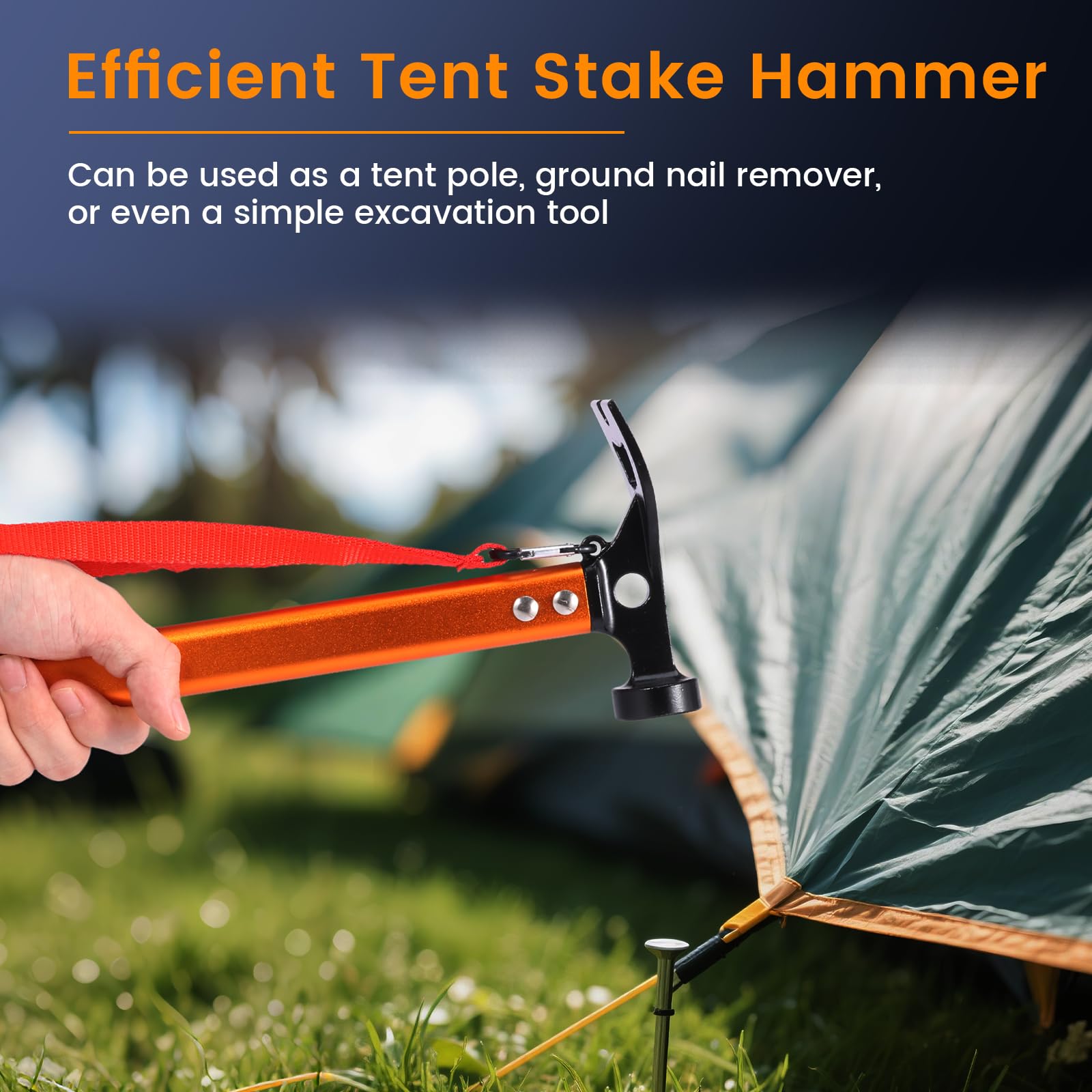 Camping Hammer Zelthammer mit Heringsauszieher Handschlaufe Robuster Zelt Hering Hammer für Zelt, Hartboden, Outdoor(Orange)
