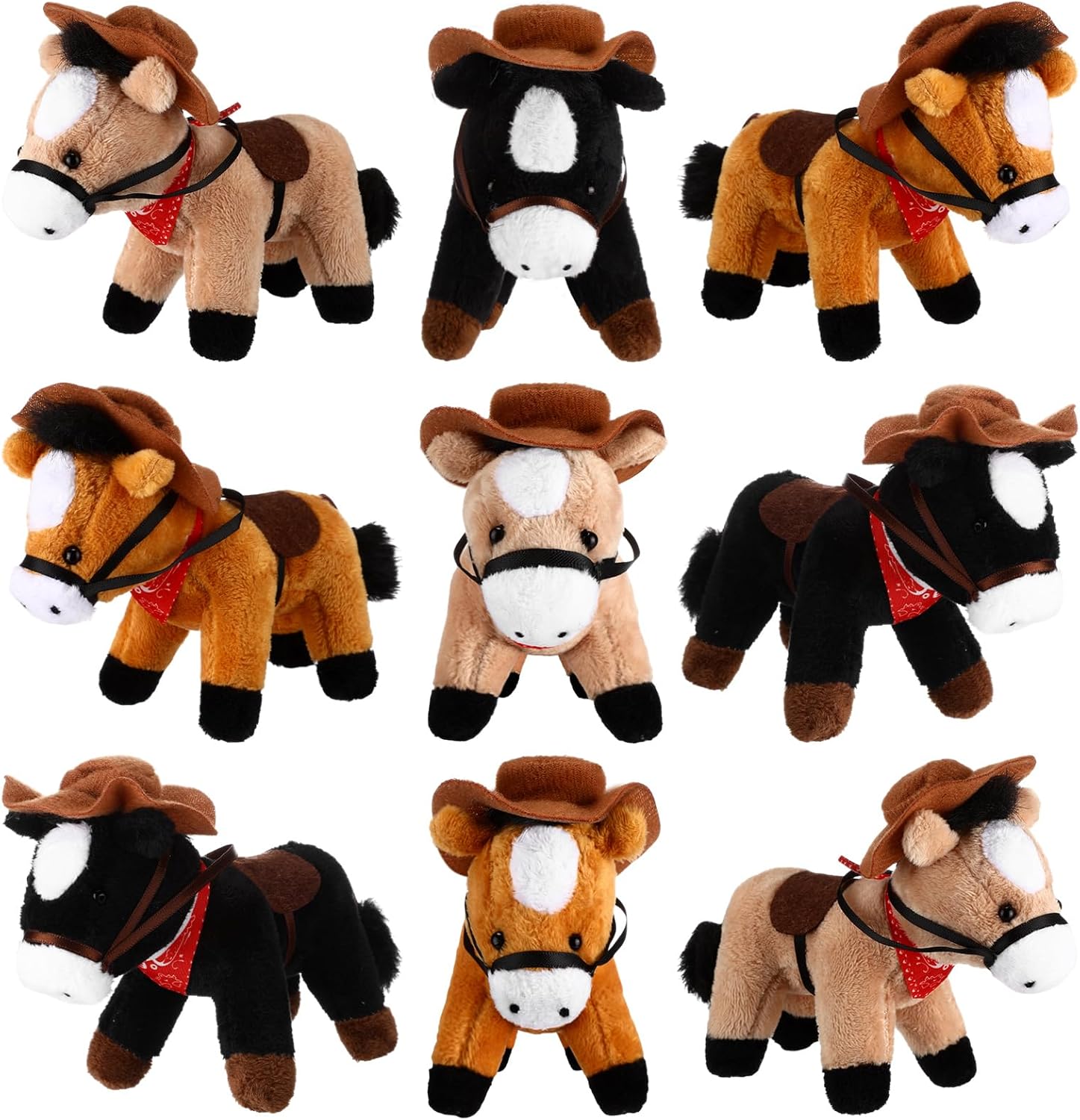 9 Pack Horse Stuffed Animals 4 Inch Mini Plush Toy Standing Plush Horse with Cowboy Hat and Bandana Detachable Chain for Animal Theme Birthday Party Decor Supplie(Dark Colors)