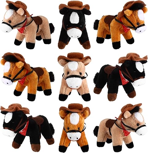 Paquete de 9 animales de peluche de 4 pulgadas, mini juguete de peluche de pie con sombrero de vaquero y bandana, cadena desmontable para temática