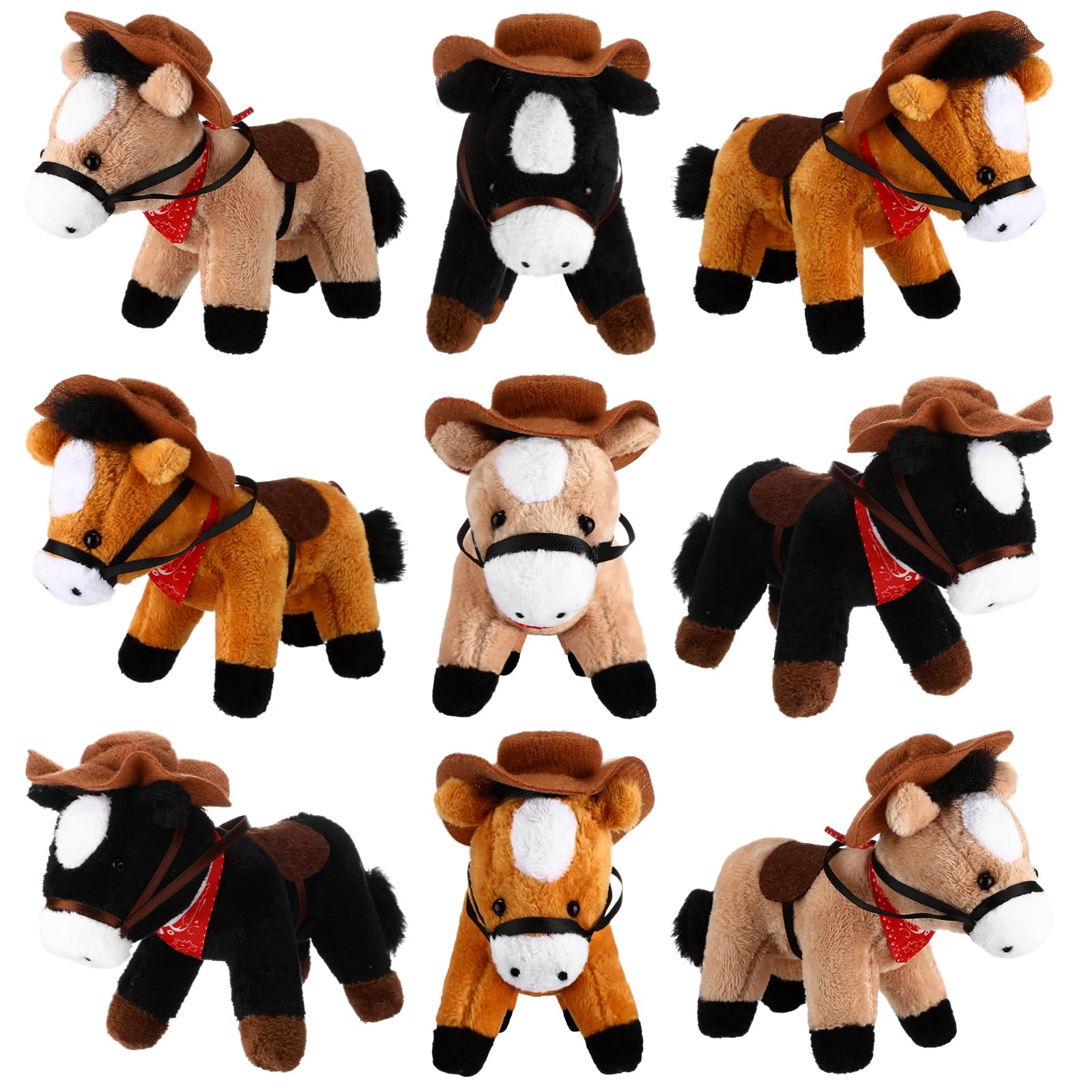 Photo 1 of ****ONLY 7 PCS****Vertintong 9 Pack Horse Stuffed Animals 4 Inch Mini Plush Toy Standing Plush Horse with Cowboy Hat and Bandana Detachable Chain for Animal Theme Birthday Party Decor Supplie(Dark Colors)