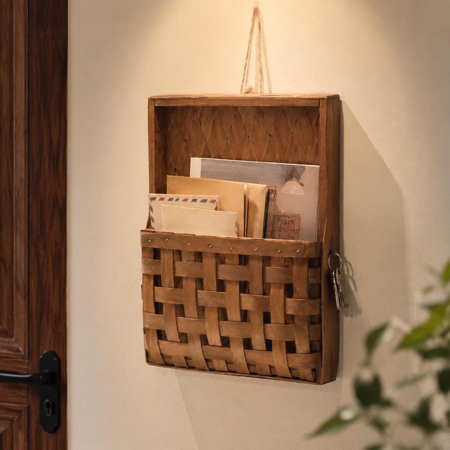 Wooden Wall Hanging Storage Basket, Decorative Holder for Flowers & Small Items, Indoor Farmhouse Wall Decor