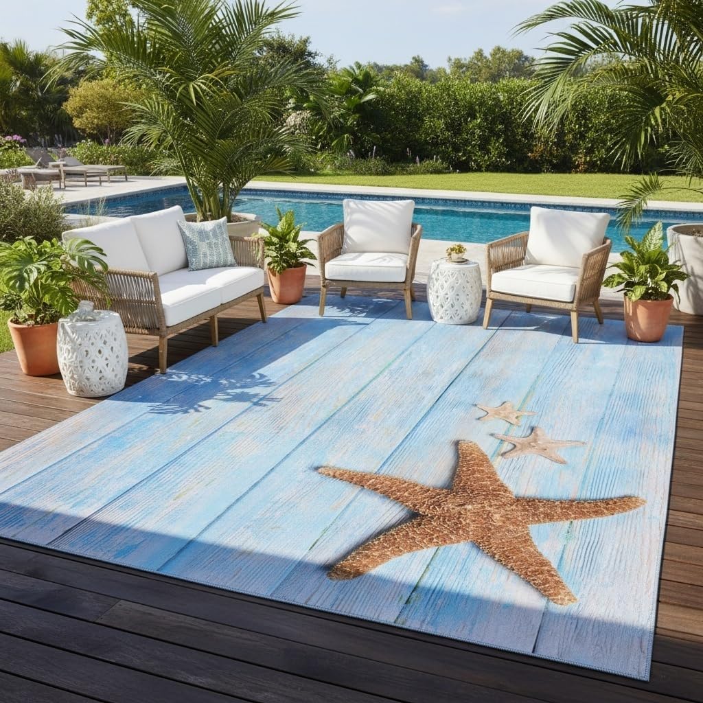 Light Blue Distressed Wood Starfish Outdoor Rug 9x12 Waterproof Durable Outdoor Area Rug for Patio Balcony Deck Porch Non Slip Large Carpet Machine Washable Foldable Indoor Outdoor Carpet Floor Mats
