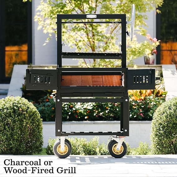 Ash & Ember Santa Maria Grill, Steel Wood & Charcoal Argentine Grill, Hand Wheel for Adjustable Heat Control, BBQ Grill with V-Grates & Grease Trap, Argentinian Grills with Bottom & Side Shelves