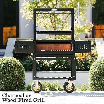 Ash & Ember Santa Maria Grill, Steel Wood & Charcoal Argentine Grill, Hand Wheel for Adjustable Heat Control, BBQ Grill with V-Grates & Grease Trap, Argentinian Grills with Bottom & Side Shelves