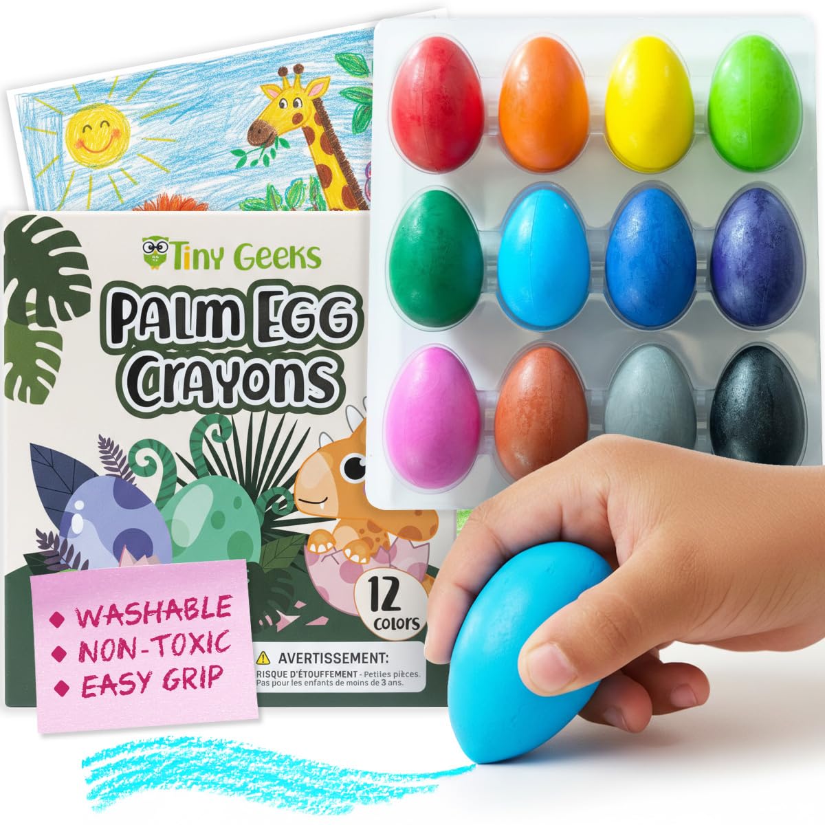 TinyGeeks 12 Color Egg Crayons - Palm Grasp Non-Toxic and Washable for Toddlers (3-6) & Kids (4-8) - Easy-to-Hold, Perfect for Travel, Art, and Early Childhood Activities