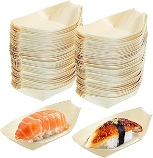 100 Pcs Disposable Wooden Sushi Boats 5.5 Inch Biodegradable Snack Trays Pinewood Serving Dishes for Catering Parties Home Use