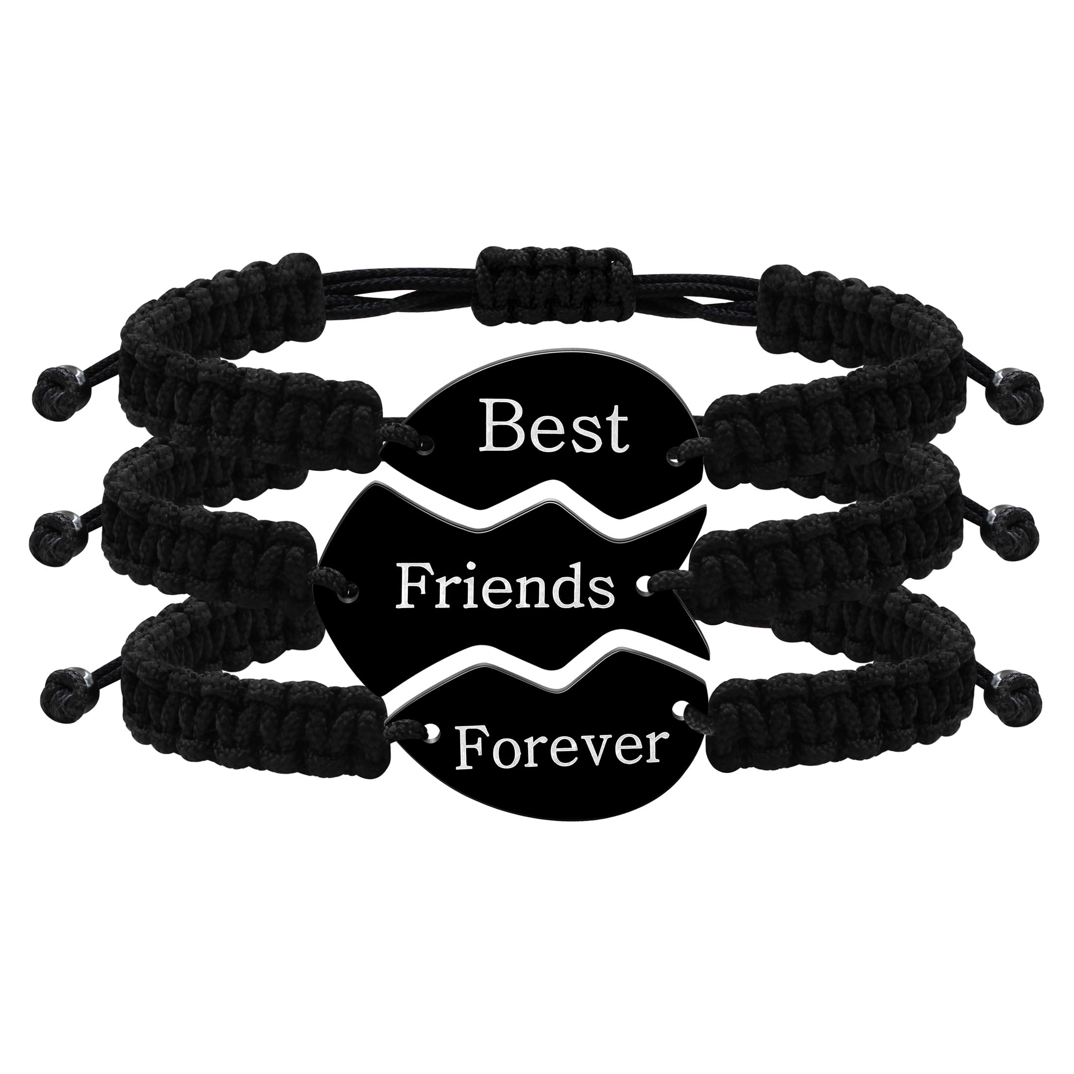BFF Matching Bracelets Set of 3 - Braided Heart Puzzle Charm Friendship Jewelry for Best Friends, Couples | Engraved Long Distance Gift for Women &amp; Men