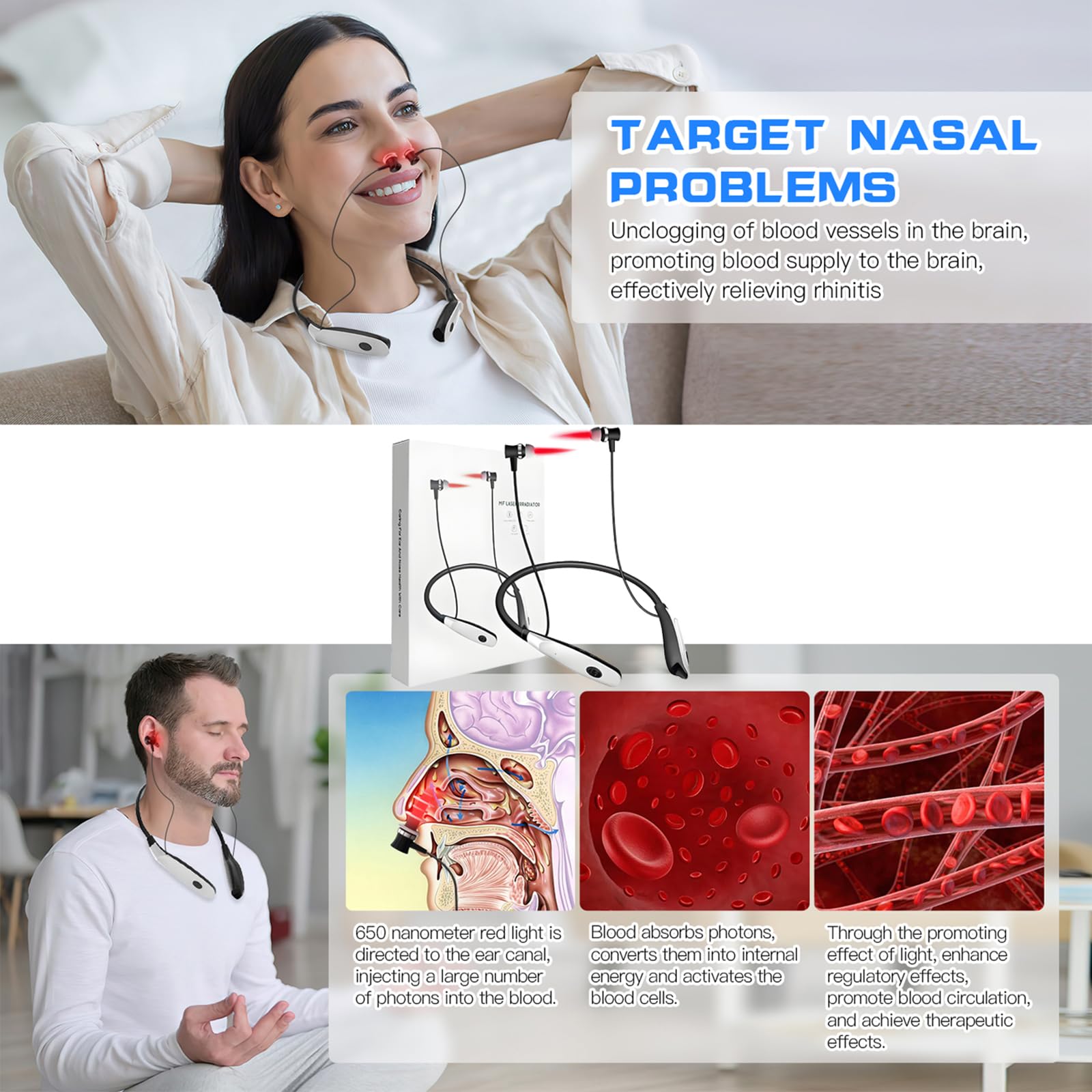 (2 en 1) Capsule luminothérapie silencieuse + apaisant respiratoire，dispositif nasal LED rouge acouphènes，embouts infrarouges，spray anti-acouphènes et écouteurs LED rouge contre les acouphènes (Weiß)