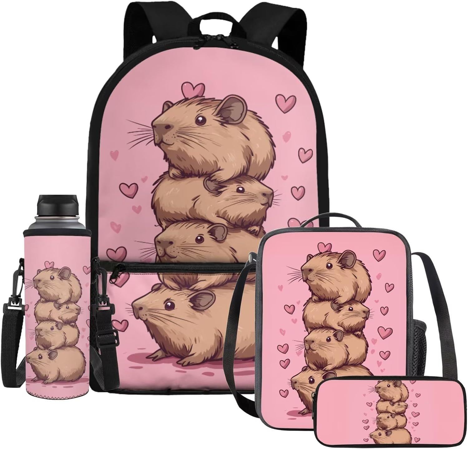 Backpack Kids Capybara Lunch Box and School Bag 4-in-1 Elementary Middle Students Backpacks Pencil Case Water Bottle Holder Back to School Bookbag for 2nd Grade Girls, Daisy Floral