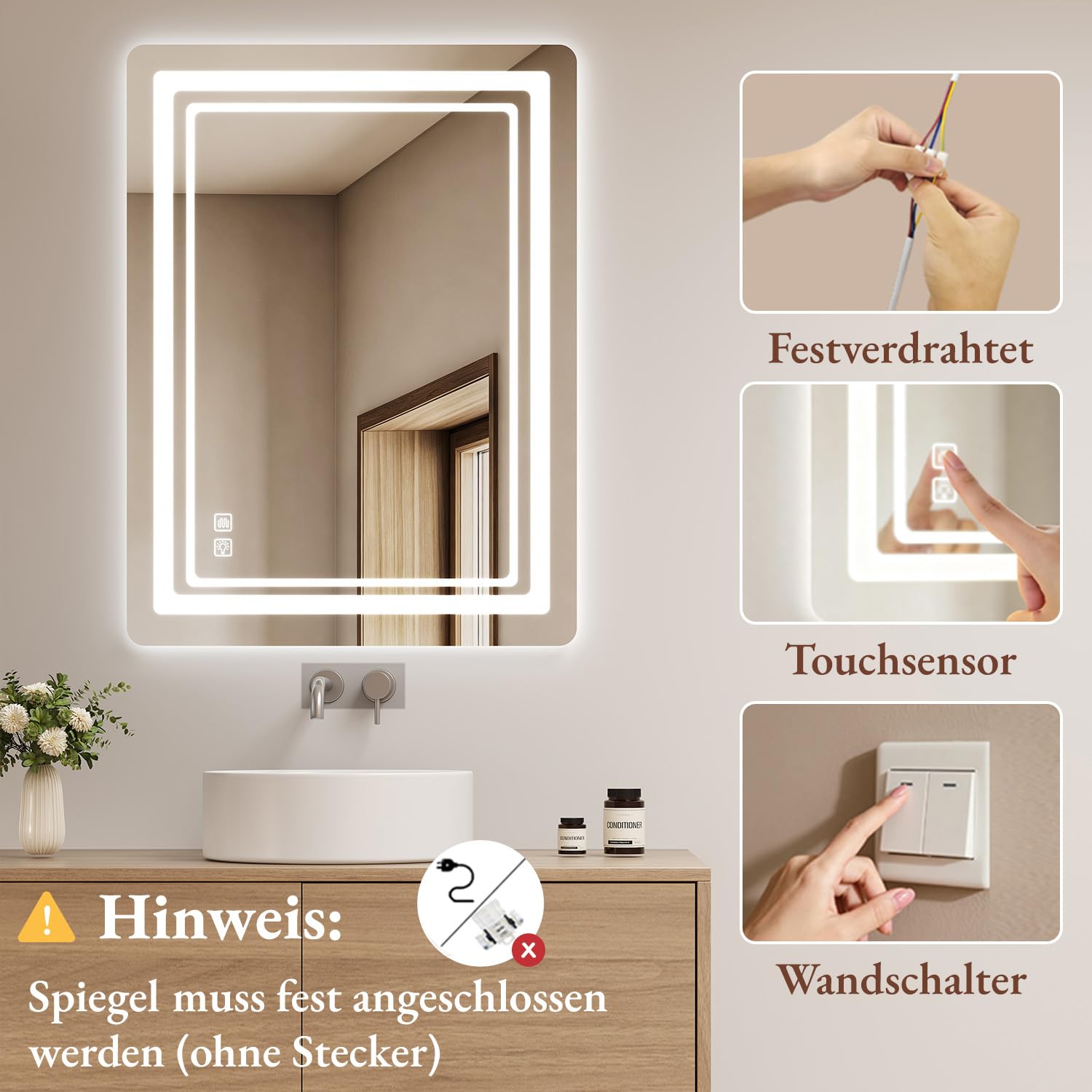 Lustro łazienkowe z oświetleniem LED, podświetlane, bez zaparowania, z włącznikiem dotykowym, 3 kolory światła, możliwość ściemniania, funkcja pamięci, IP44, 70 x 50 cm