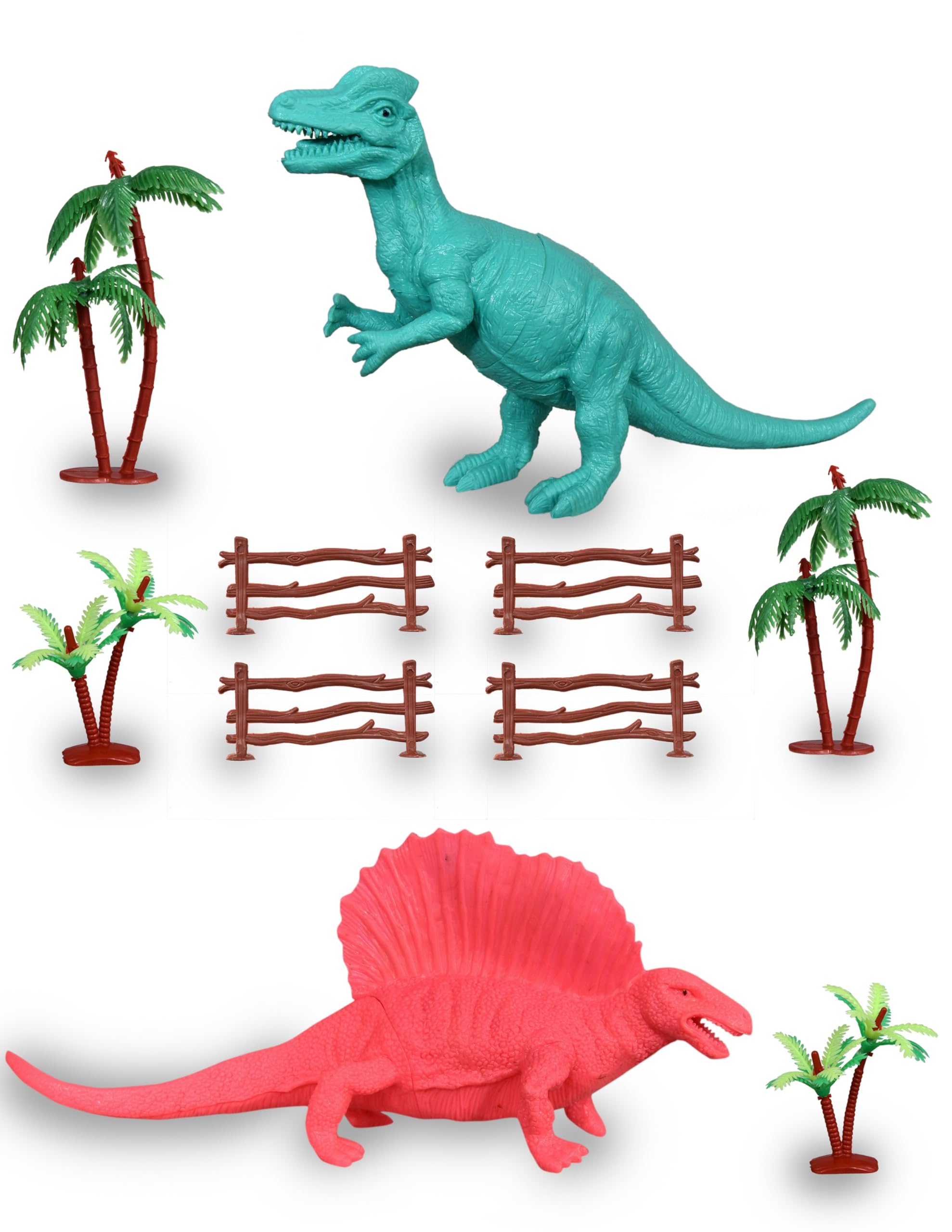 TEC TAVAKKAL Set of 10 Dinosaur Toy for Kids Action Figure Animal Model Collection Learning & Educational Kids Gift Dragon Model Simulation 2 Big Size Dinosaur 4 Barricade 4 Tree (T Rex Dino)