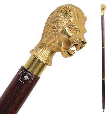 Walking Hand Cane - Handmade Walking Stick for Men & Women - Aluminum and Natural Brown Wood with Golden Lion Head