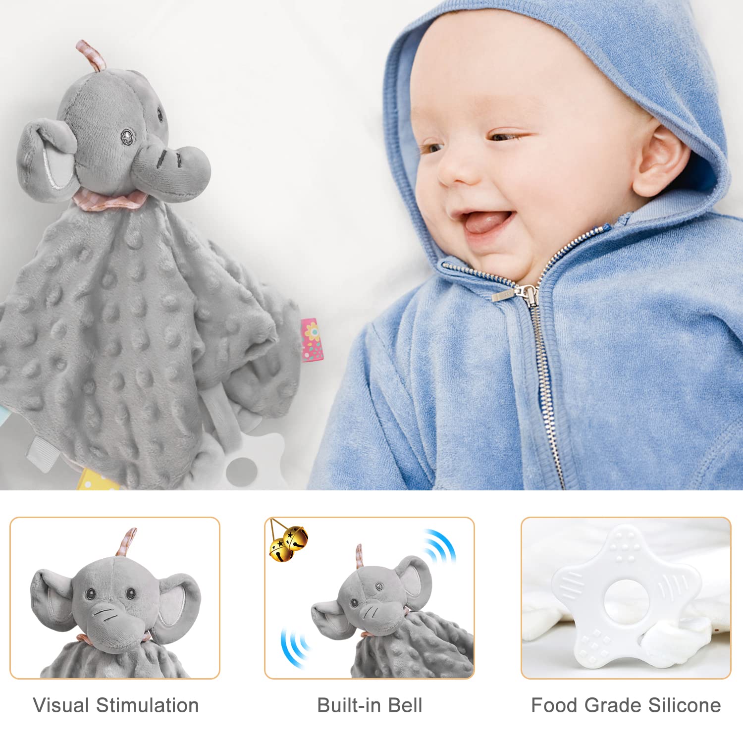 Baby Shower Gifts, Baby Boy Girl Gift Basket Set Newborn Blanket Baby Elephant Lovey Security Blanket Wooden Rattle Toy, New Born Bibs Socks & Greeting Card, Baby Shower Basket Gifts Essentials : Baby