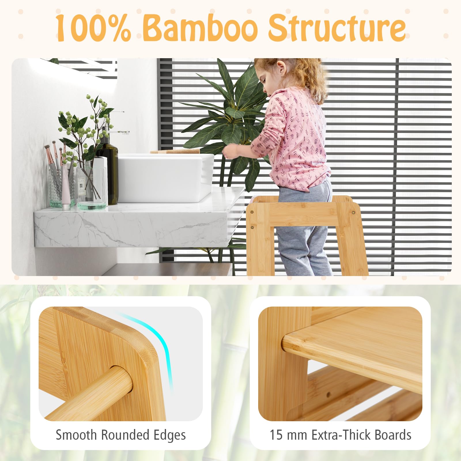 FANTASK Tritthocker Kinder aus Bambus, Lernturm höhenverstellbar mit Sicherheitsgeländer & rutschfestem Design, Montessori Trittleiter bis 70 kg belastbar für Küche & Bad, Natur