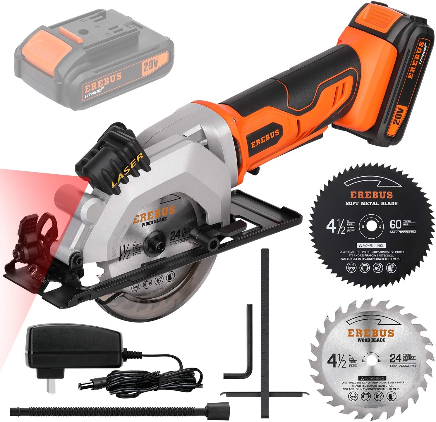 Hottest Sale EREBUS,97630,Circular Saws, 20V 3400RPM 4-1/2 Professional Cordless Circle Saw with Laser Guide, Rip Guide, Vacuum Adapter, 2Pcs Blades plus 1 Allen Wrench, Max Cutting Depth 1-11/16(90°), 1-1/8(45