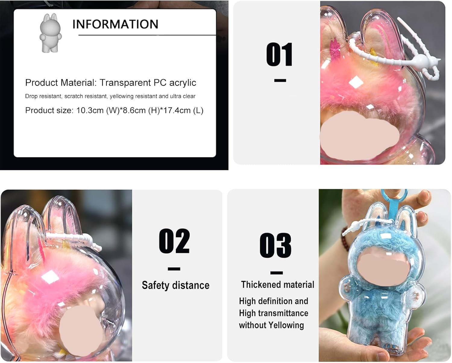 Protective Case Compatible with LABUBU Exciting Macaron, (Figure Not Included) Clear Collector Storage Box with Silicone Strap,Dustproof Scratch-Resistant for Standing Series