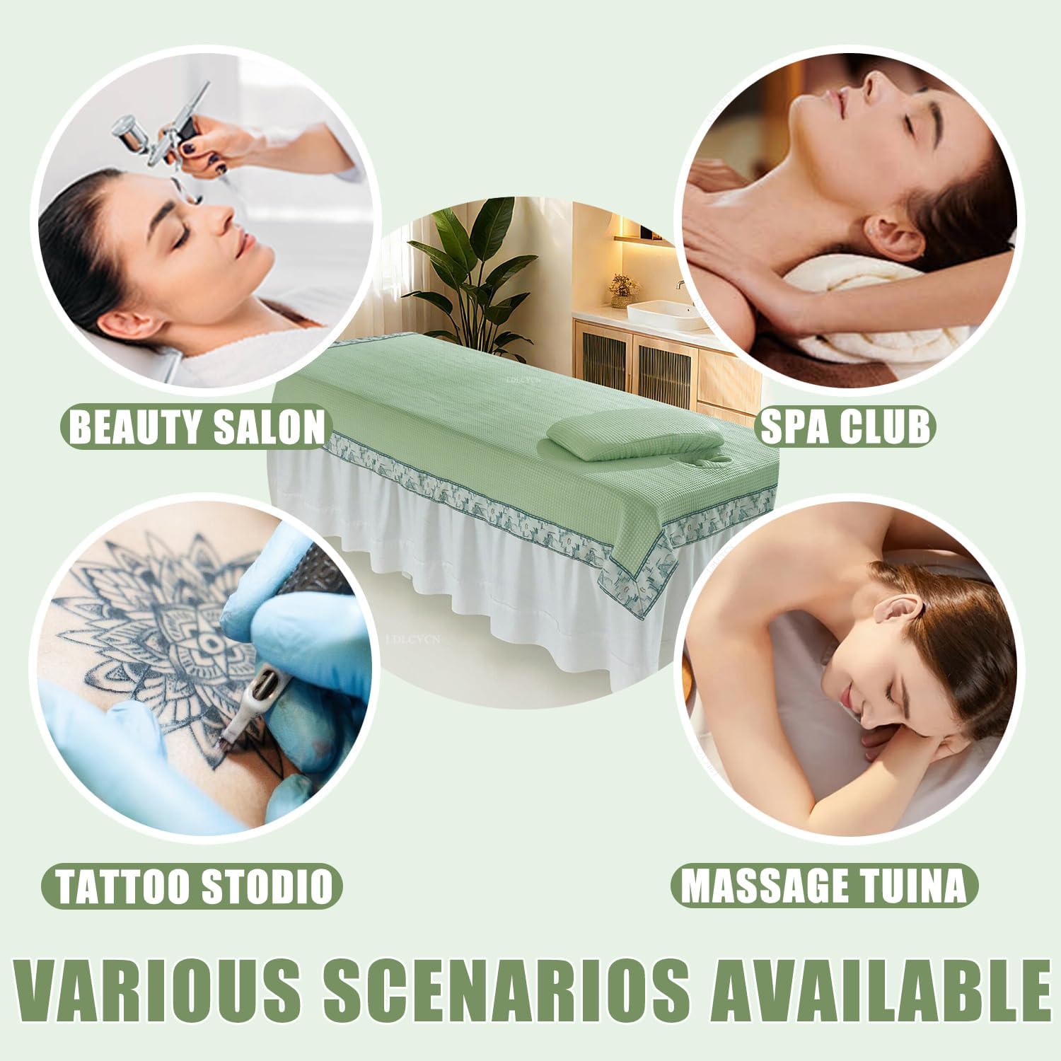 ,B/Green(h),210 * 120cm, Massage Bed Sheet Cooling Breathable Spa Massage Linens with/Without Face Hole Massage Bed Cover Protecting for Hotel Beauty Salon Cosmetic Bed with Lace for Summer