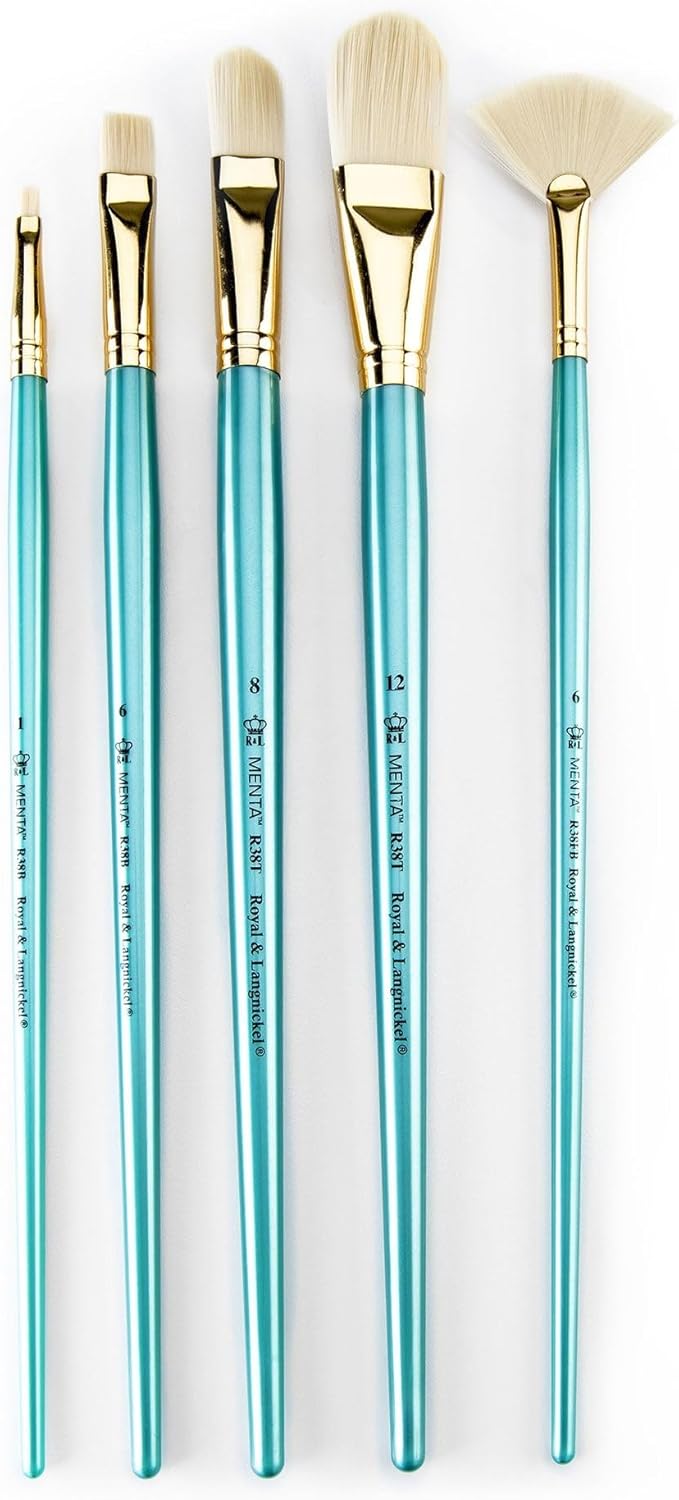 Royal & Langnickel Menta, 5pc Long Handle Filbert Variety Brush Set for Acrylic & Oil Paints, Includes - Filbert, Bright, & Fan Brushes Teal