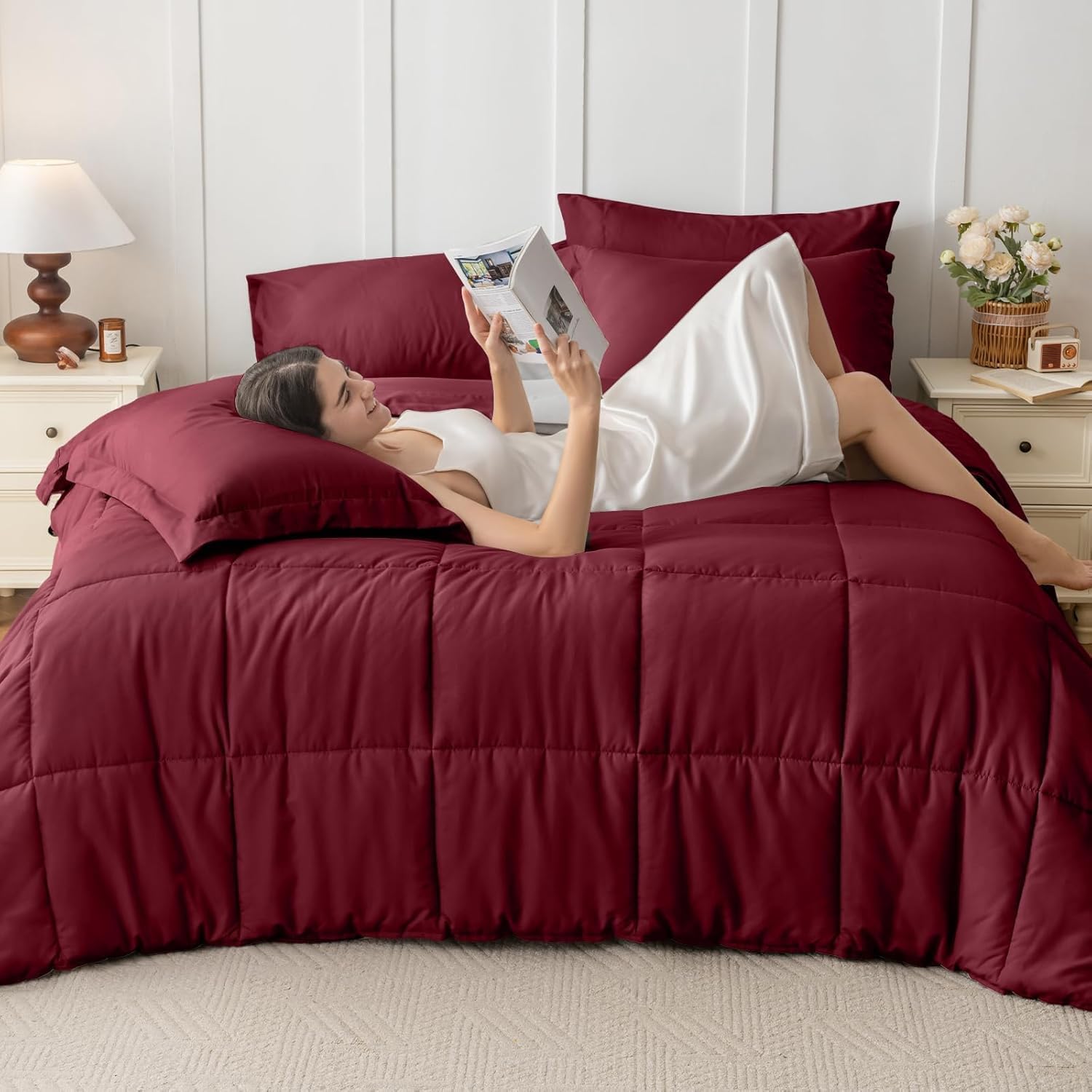 JOLLYVOGUE Twin Comforter Set, Ultra-Soft Bed in a Bag Twin Size 5 Pieces, Oeko-TEX Certified Bedding Set with Down Alternative Comforter, Sheets, Pillowcases & Shams, Burgundy thumbnail