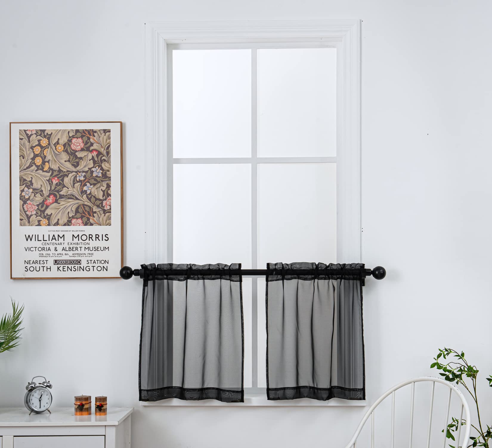 PI Black Sheer Tier Curtains 24 inch Length,Short Half Window Curtains for Kitchen/Bathroom Rod Pocket 2 Panels (Black,W25XL24)