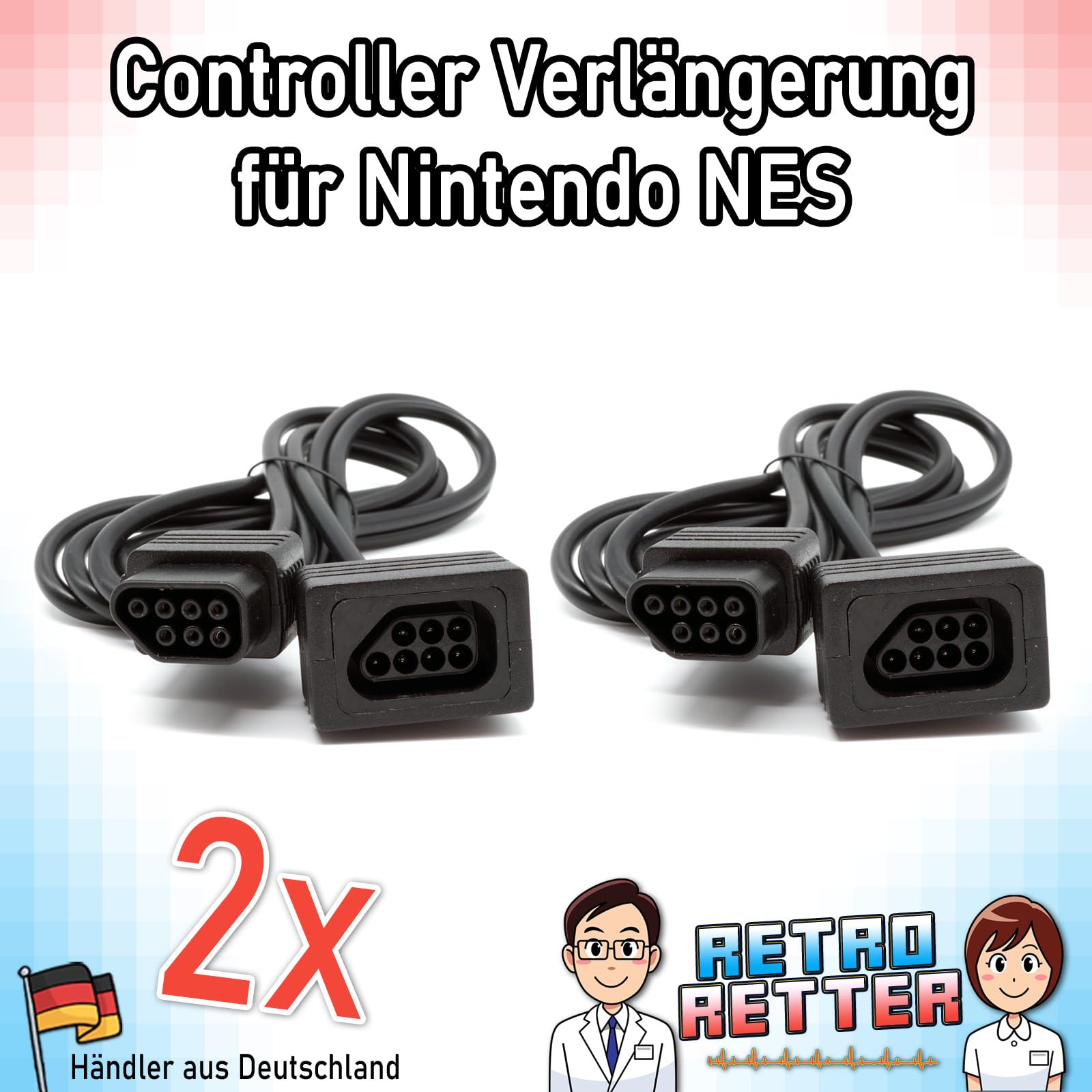 RetroRetter 2x Controller Verlängerung je 1,8m für Nintendo NES - 7Pin Verlängerungskabel GamePad Kabel